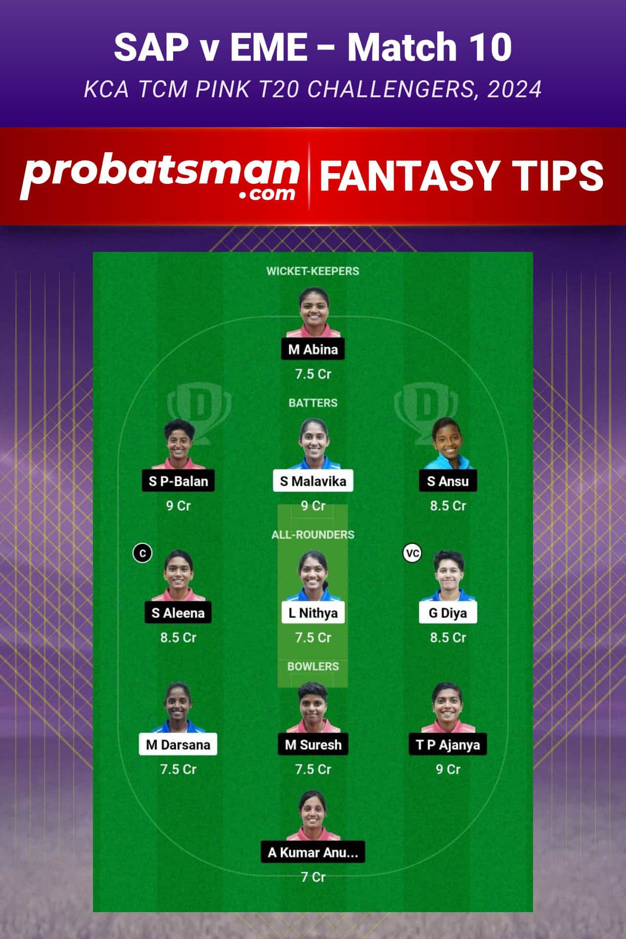 SAP vs EME Dream11 Prediction For Match 10 of KCA TCM Pink T20 Challengers 2024