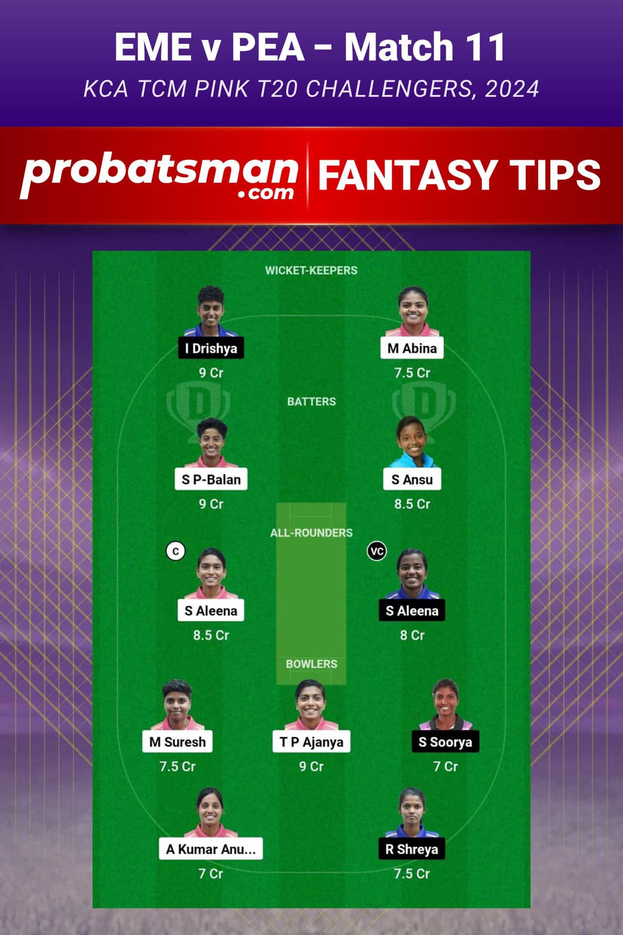 EME vs PEA Dream11 Prediction For Match 11 of KCA TCM Pink T20 Challengers 2024