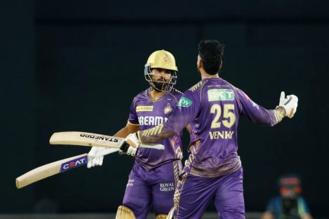 Shreyas Iyer and Venkatesh Iyer Celebrating Victory in KKR vs SRH Qualifier 1 of IPL 2024