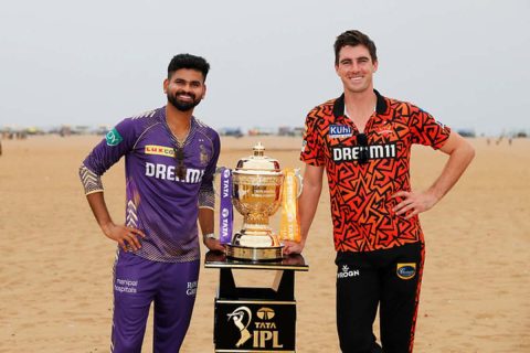 Shreyas Iyer of Kolkata Knight Riders and Pat Cummins of Sunrisers Hyderabad with IPL trophy ahead of IPL 2024 Final