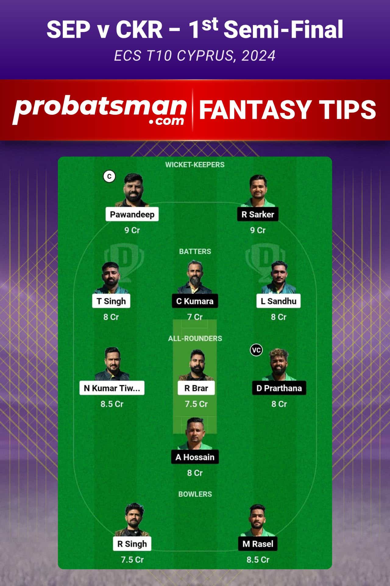 SEP vs CKR Dream11 Prediction For 1st Semi-Final of ECS T10 Cyprus 2024