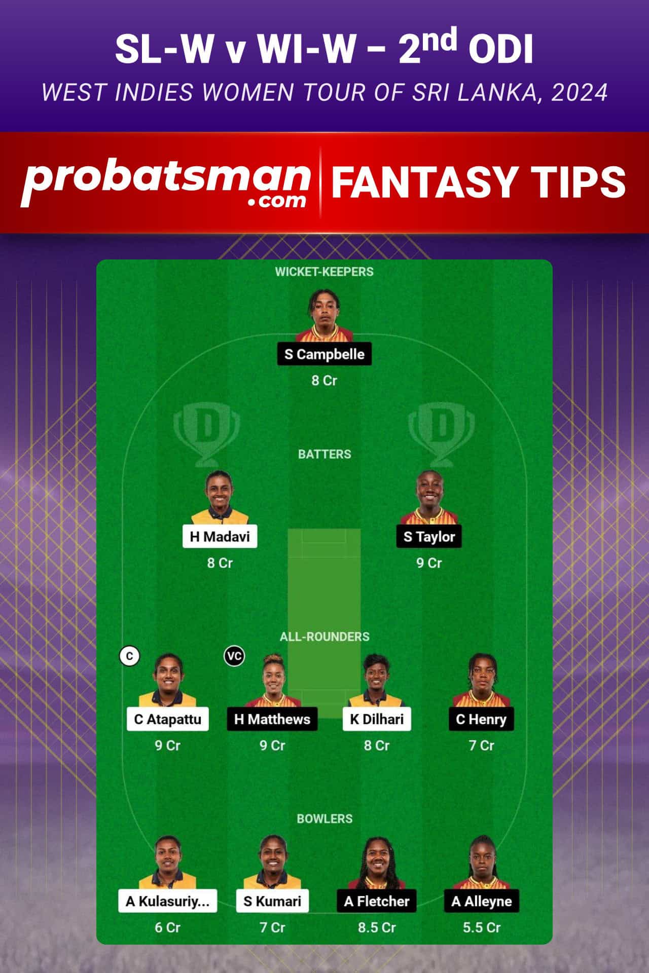 SL-W vs WI-W Dream11 Prediction For 2nd ODI of West Indies Women tour of Sri Lanka 2024