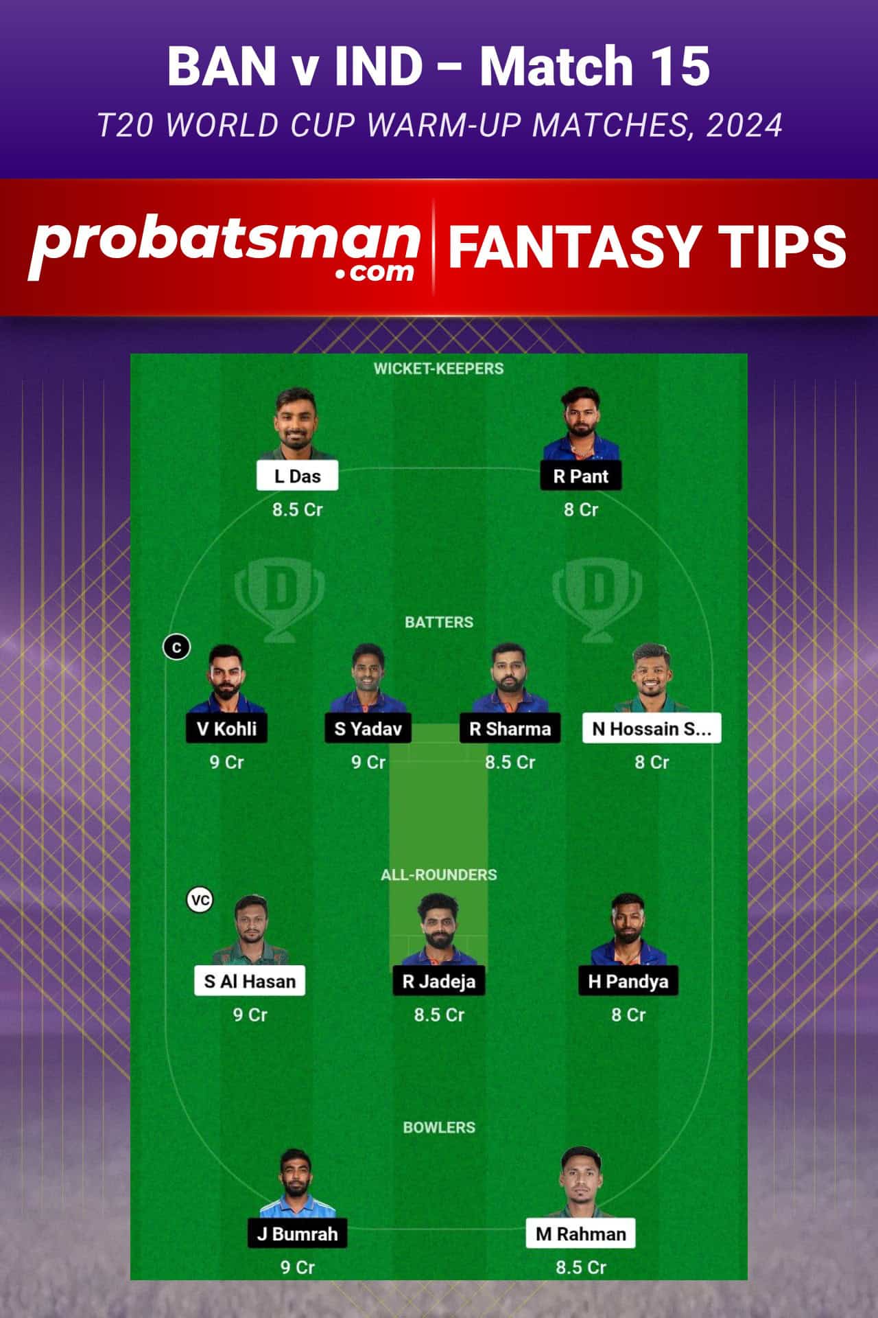 BAN vs IND Dream11 Prediction For Match 15 of T20 World Cup Warm-up Matches 2024