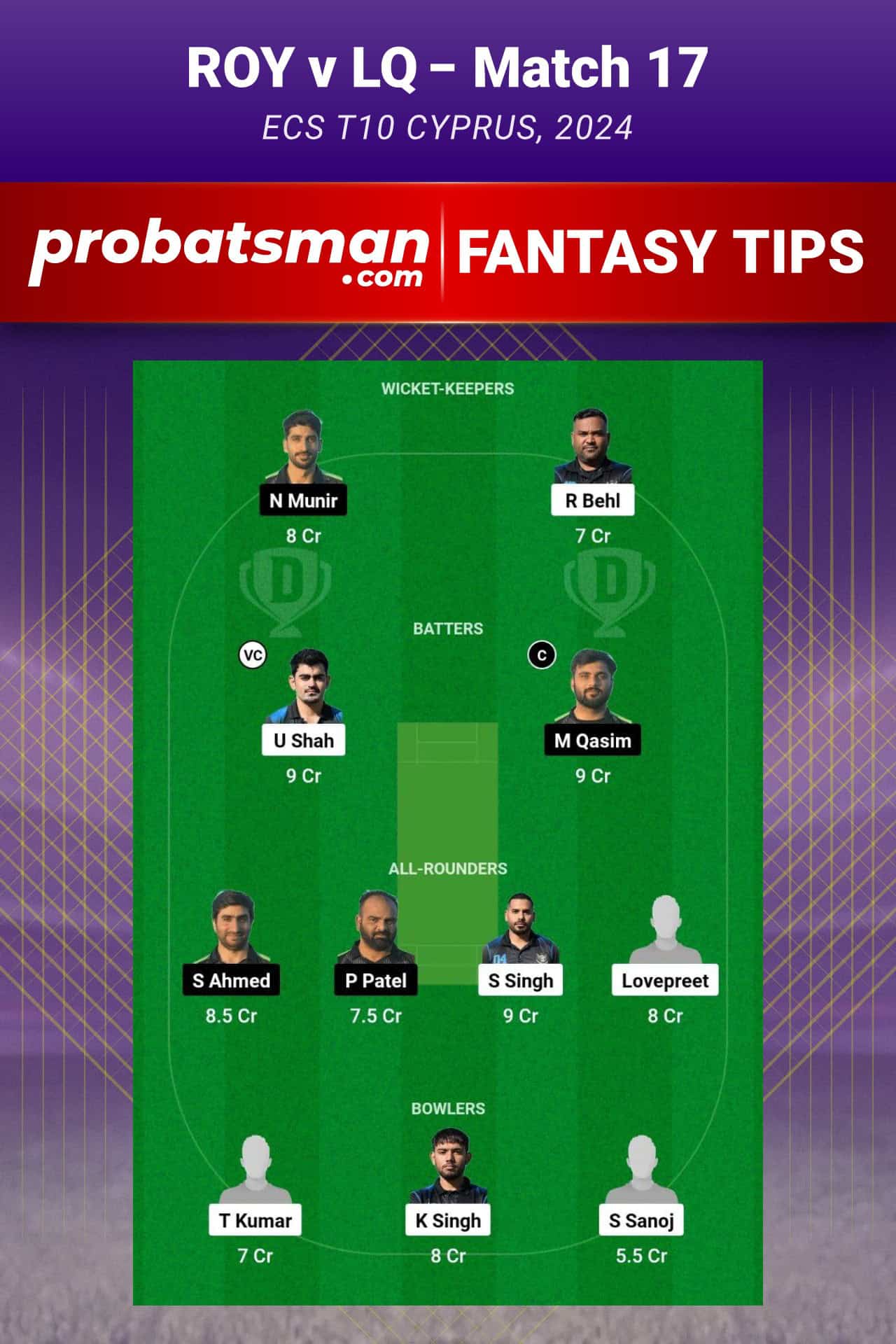 ROY vs LQ Dream11 Prediction For Match 17 of ECS T10 Cyprus 2024