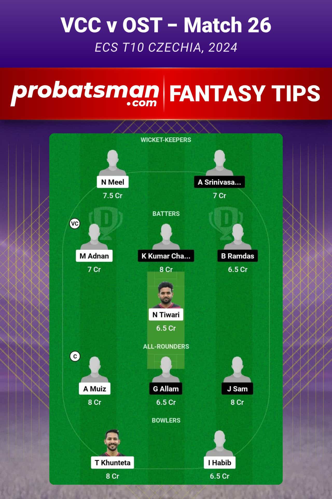 VCC vs OST Dream11 Prediction For Match 26 of ECS T10 Czechia 2024