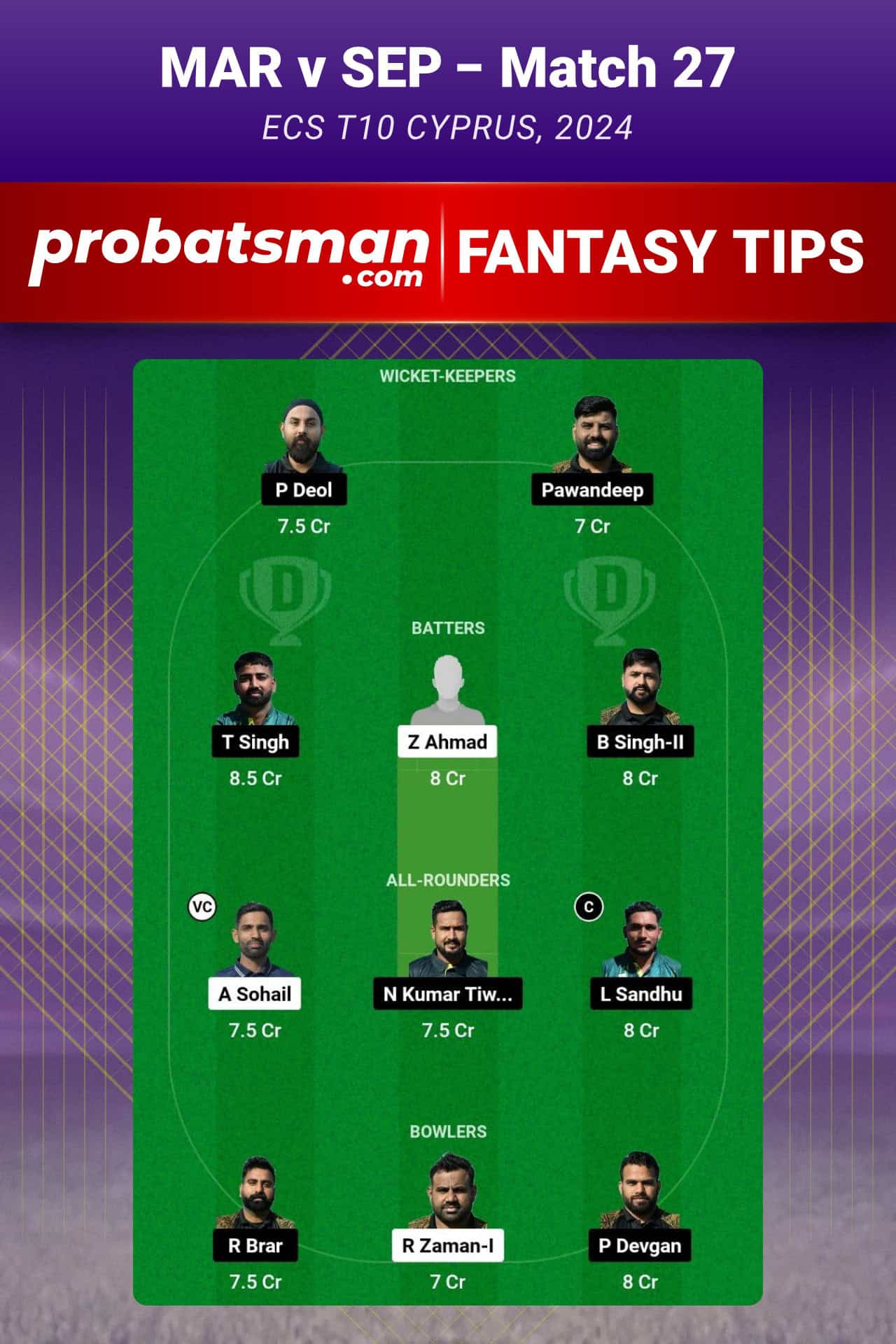 MAR vs SEP Dream11 Prediction For Match 27 of ECS T10 Cyprus 2024