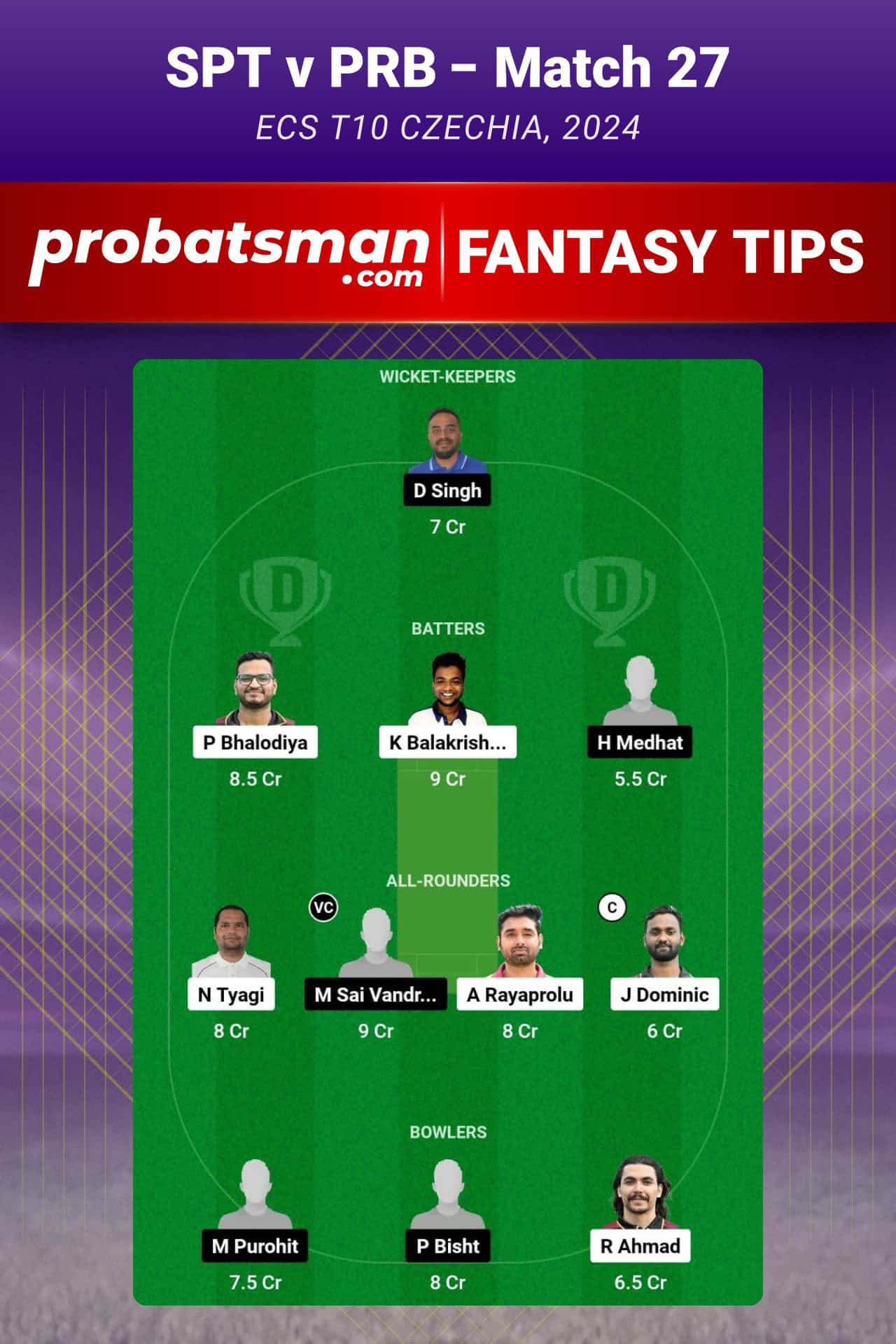 SPT vs PRB Dream11 Prediction For Match 27 of ECS T10 Czechia 2024