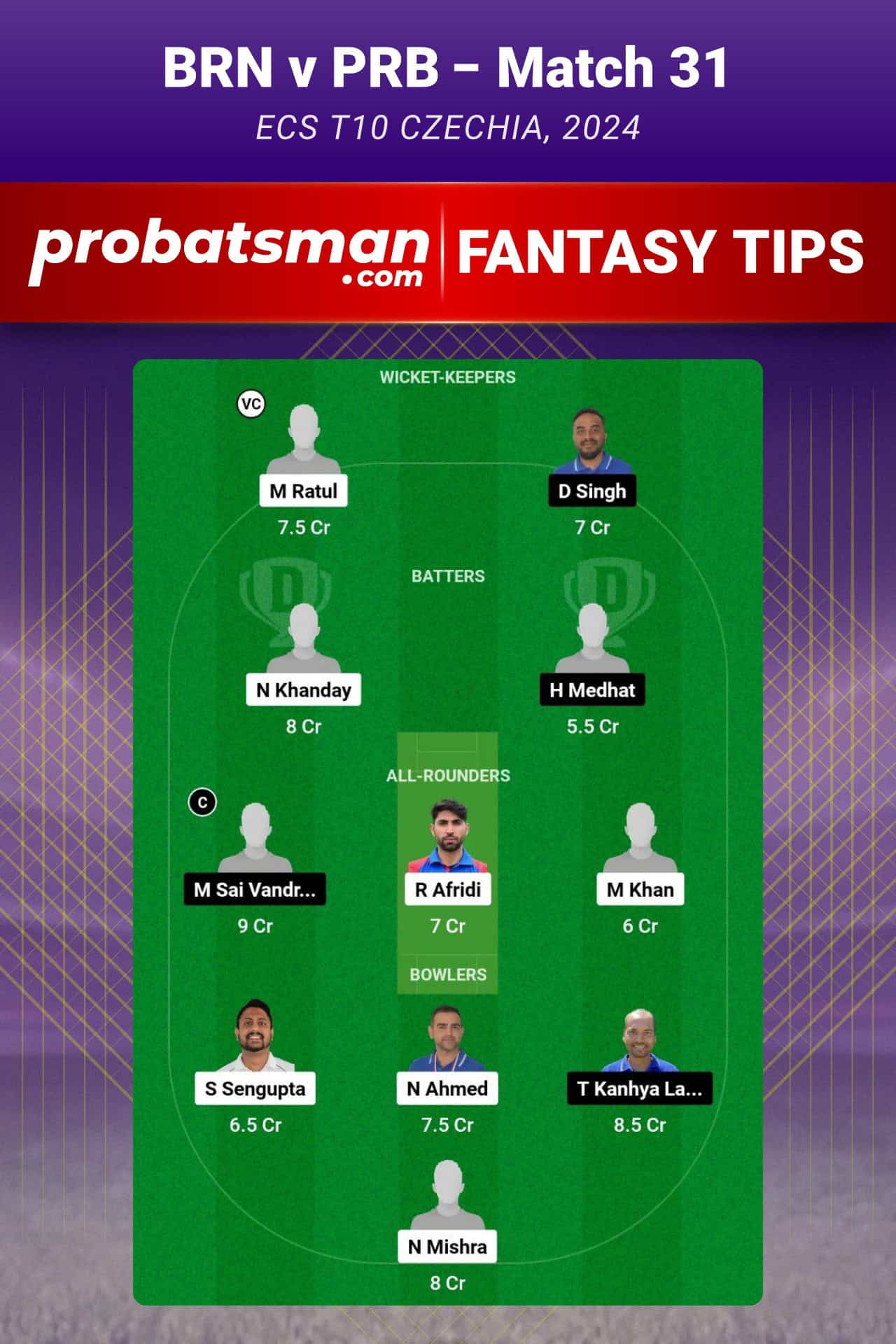 BRN vs PRB Dream11 Prediction, Fantasy Cricket Tips, Playing XI, Pitch Report, Player Stats & Injury Updates For Match 31 of ECS T10 Czechia 2024