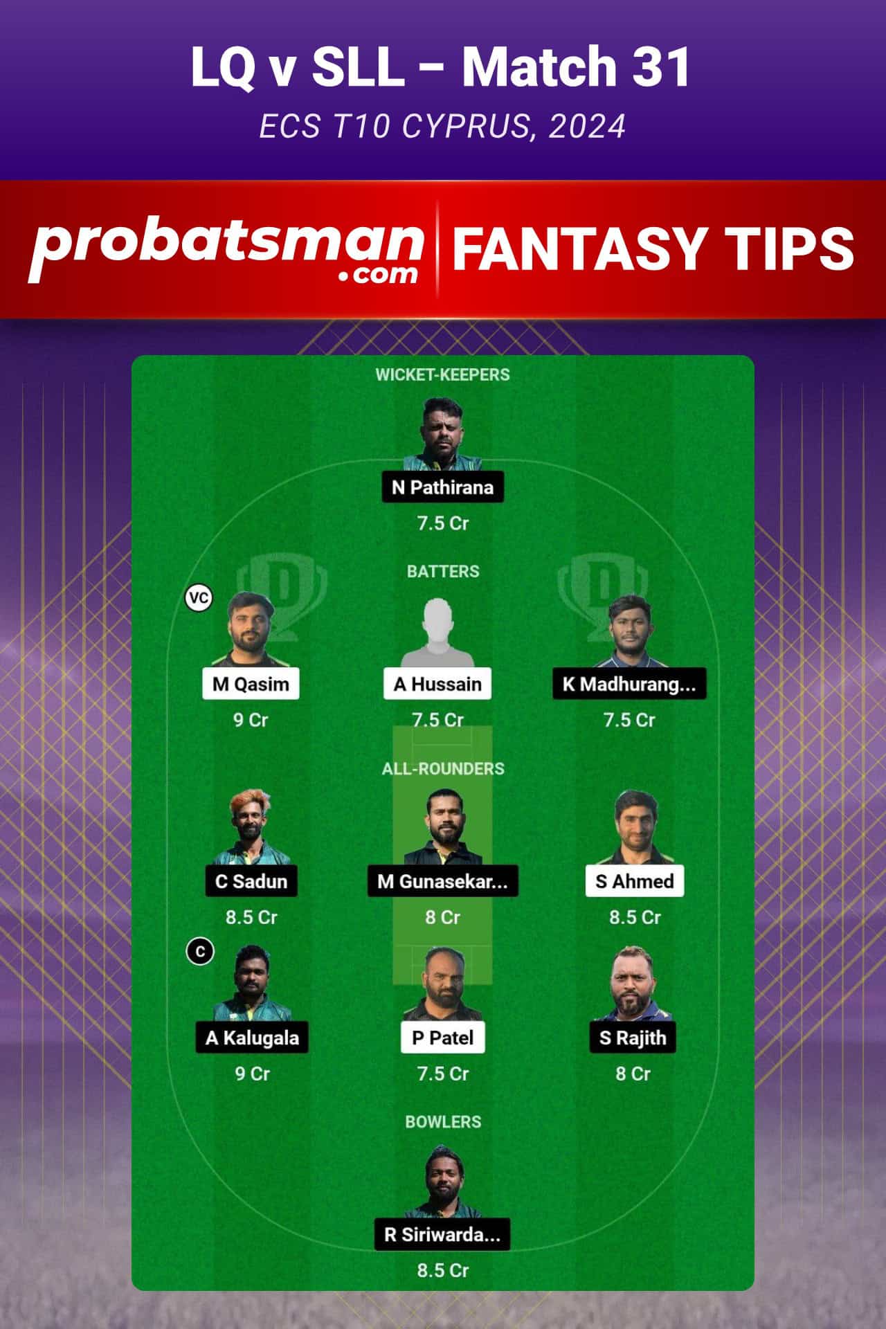 LQ vs SLL Dream11 Prediction For Match 31 of ECS T10 Cyprus 2024