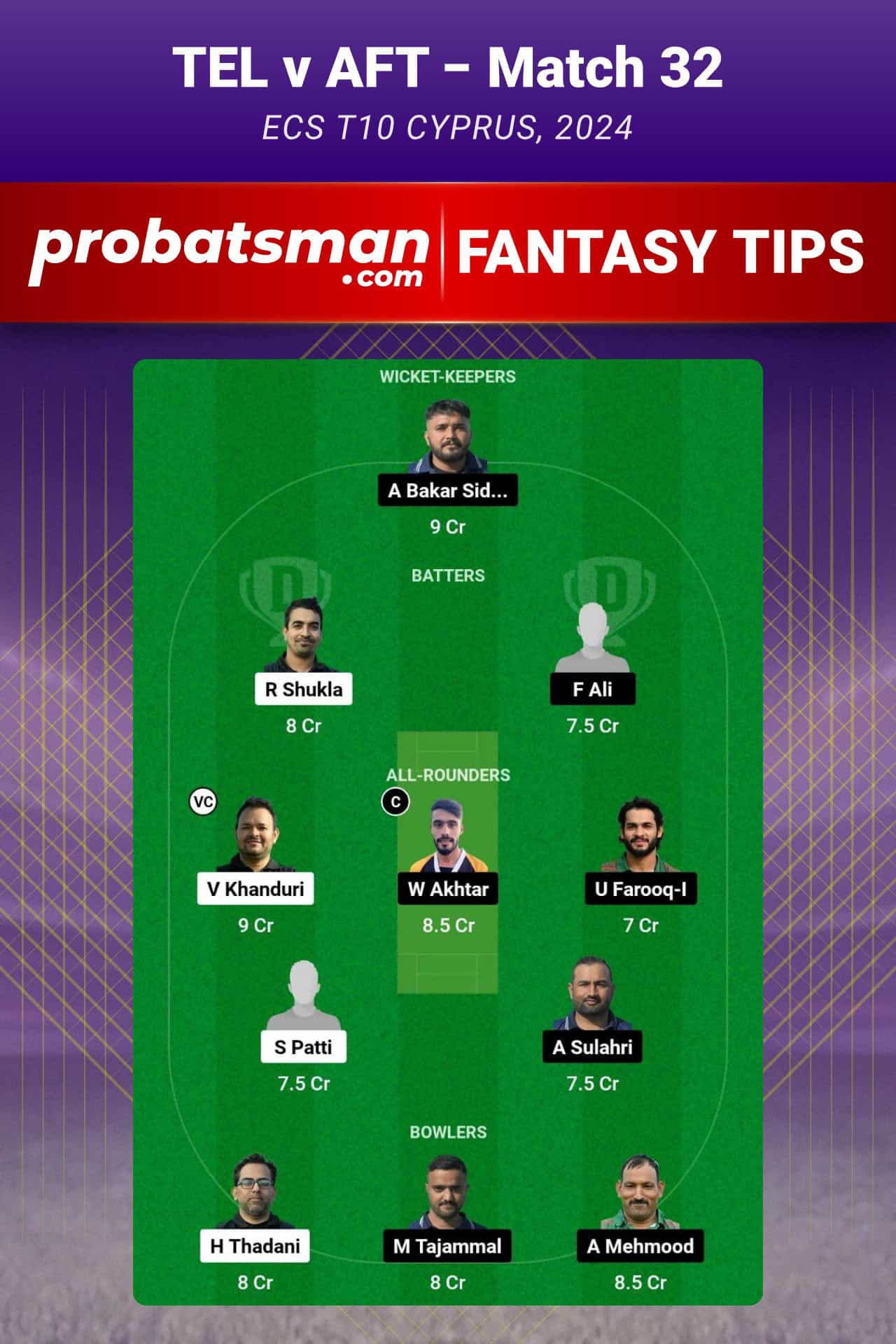 TEL vs AFT Dream11 Prediction For Match 32 of ECS T10 Cyprus 2024