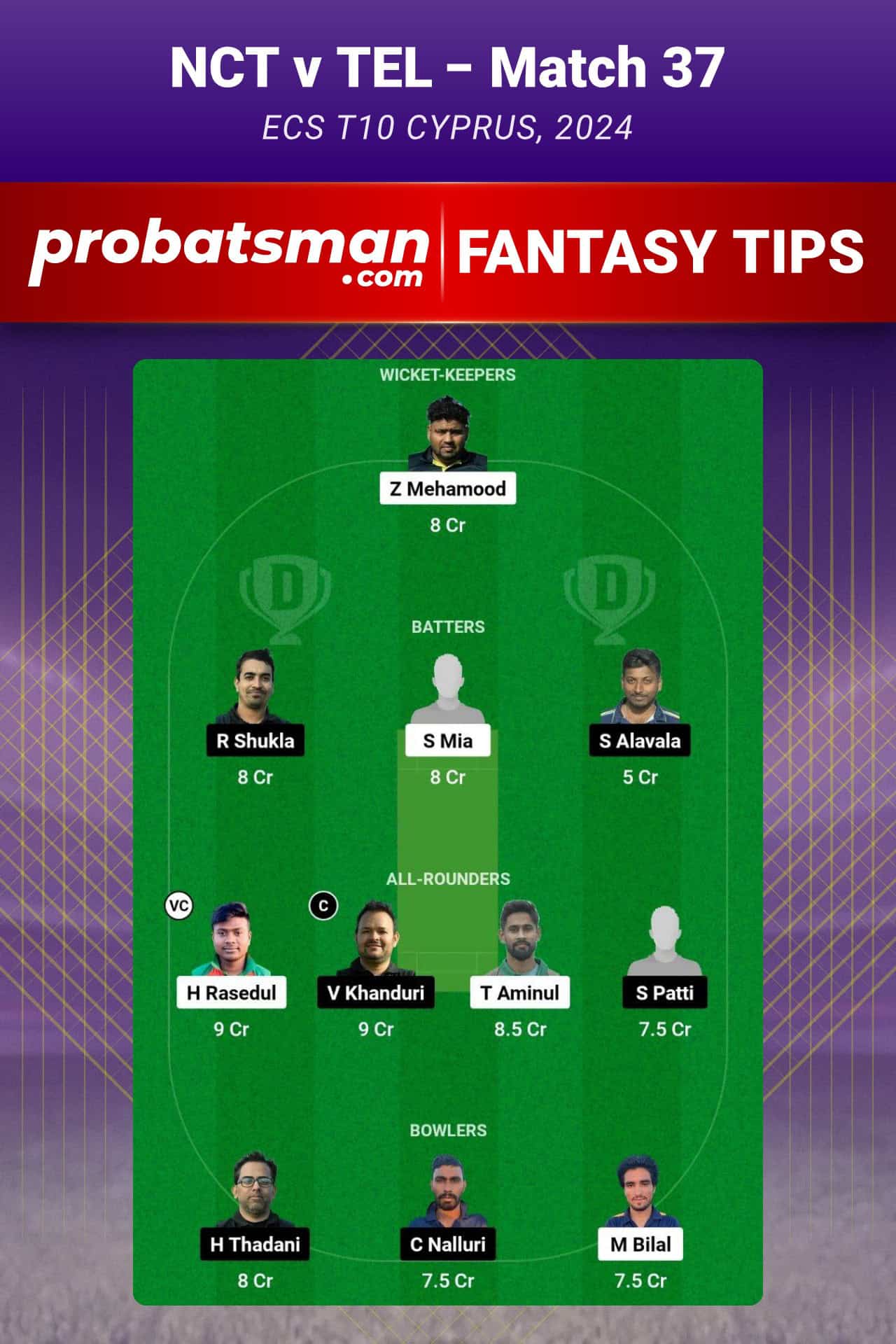 NCT vs TEL Dream11 Prediction For Match 37 of ECS T10 Cyprus 2024