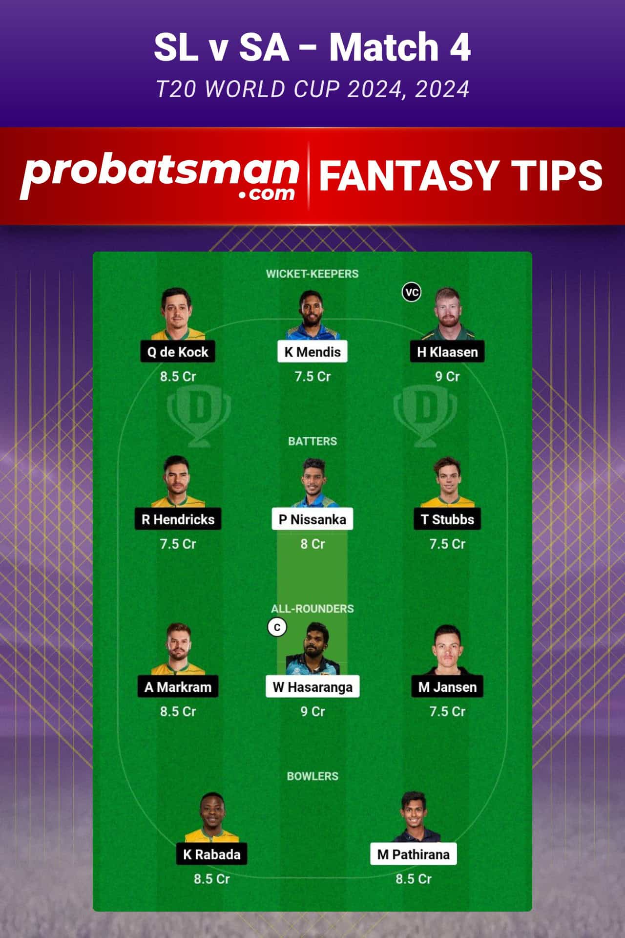 SL vs SA Dream11 Prediction For Match 4 of T20 World Cup 2024