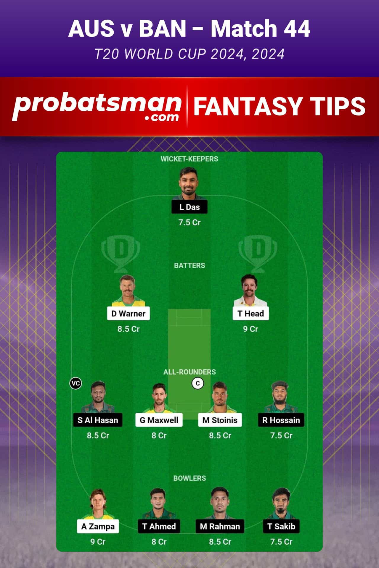 AUS vs BAN Dream11 Prediction For Match 44 of T20 World Cup 2024