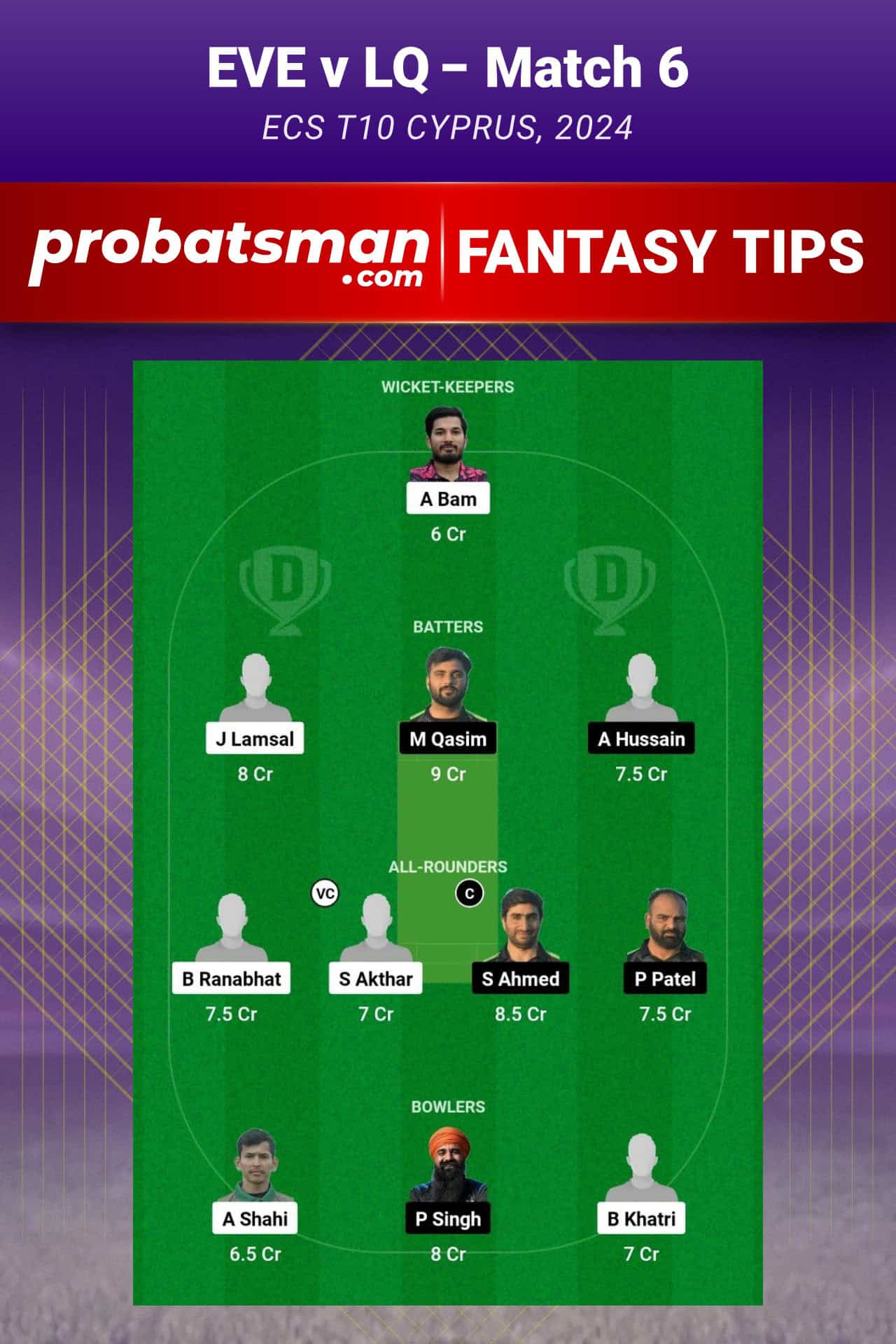 EVE vs LQ Dream11 Prediction For Match 6 of ECS T10 Cyprus 2024
