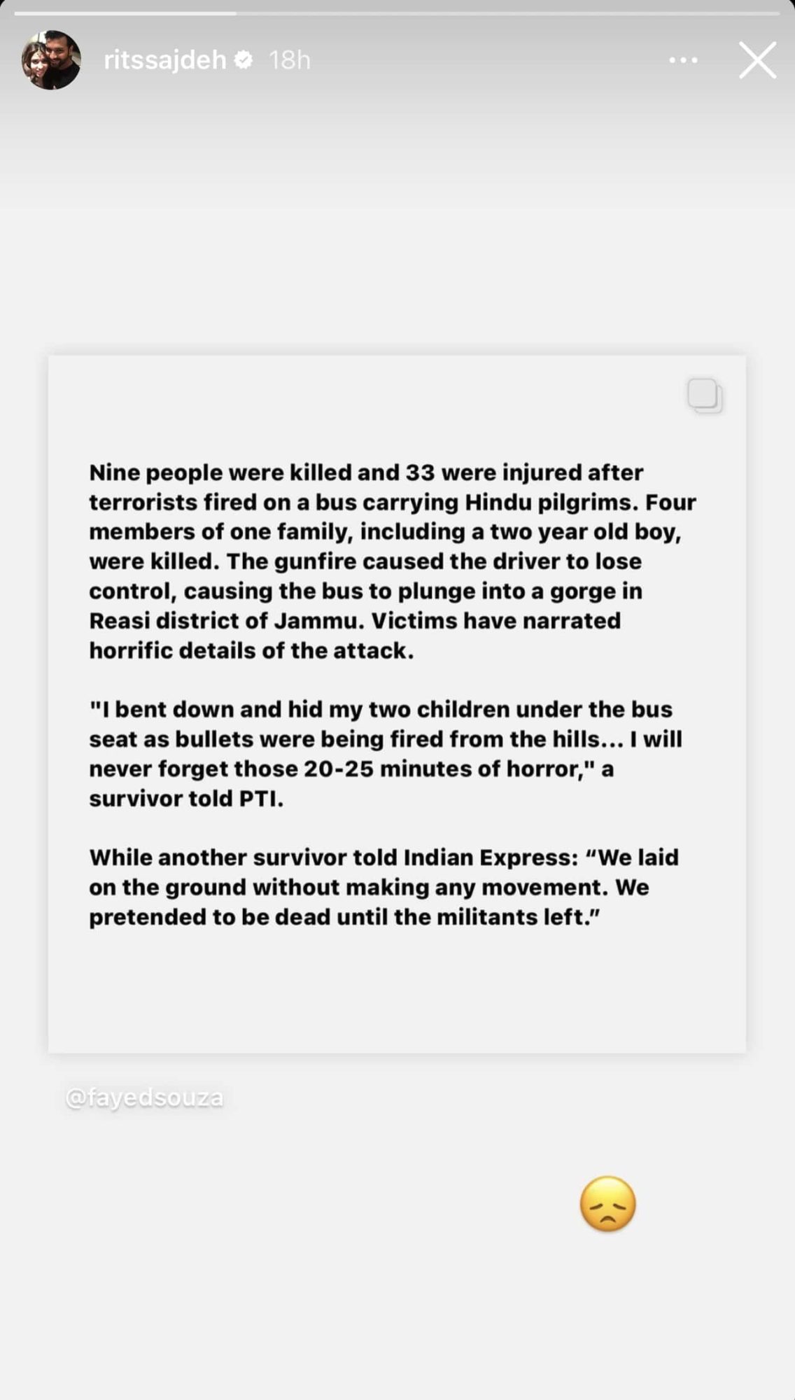 Ritika Sajdeh's Instagram story for Hindu Pilgrims