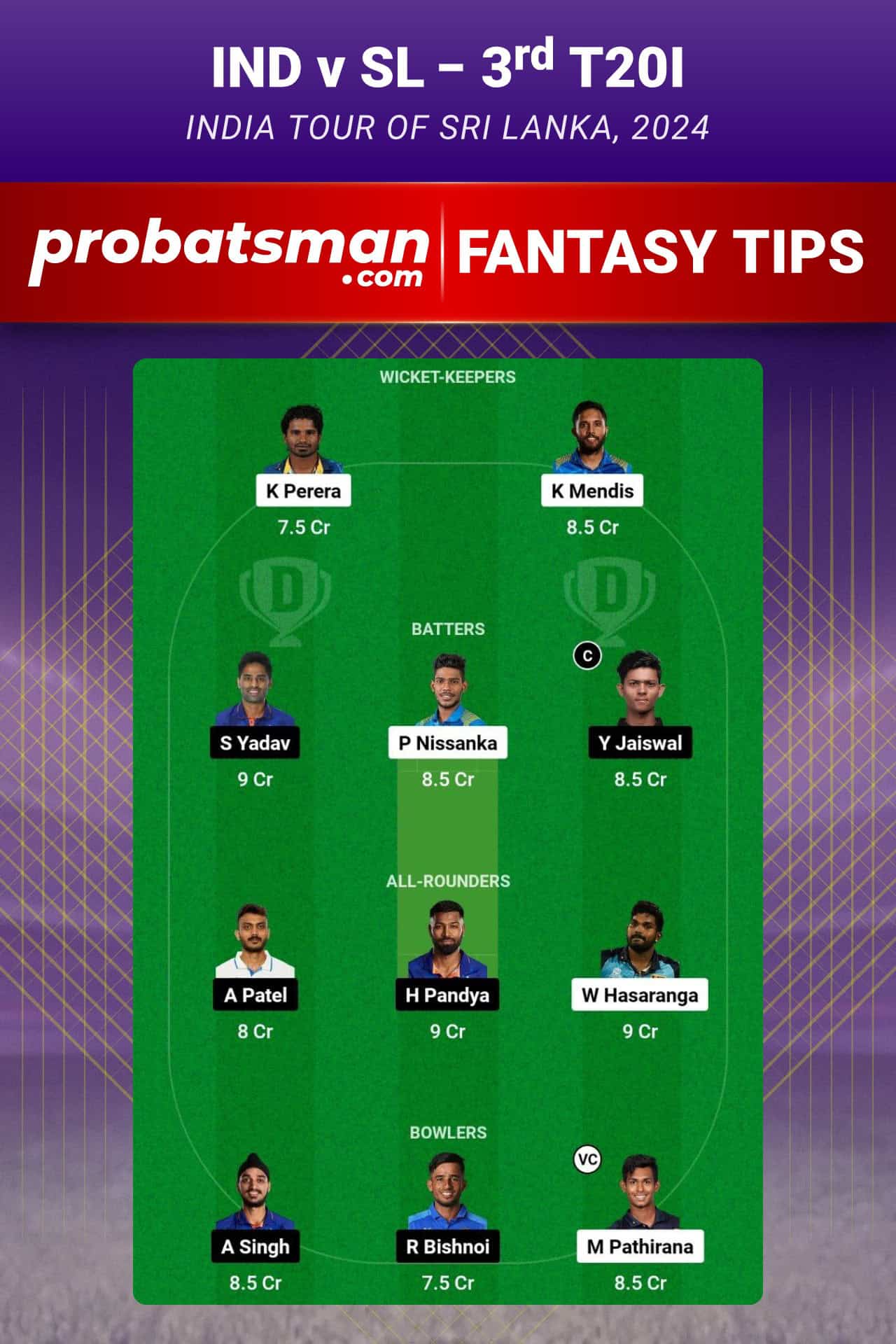 IND vs SL Dream11 Prediction For 3rd T20I of India tour of Sri Lanka 2024