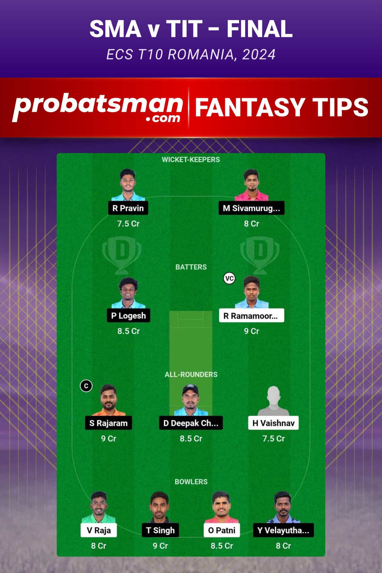 SMA vs TIT Dream11 Prediction For The Final of Pondicherry Men's T10 Tournament 2024