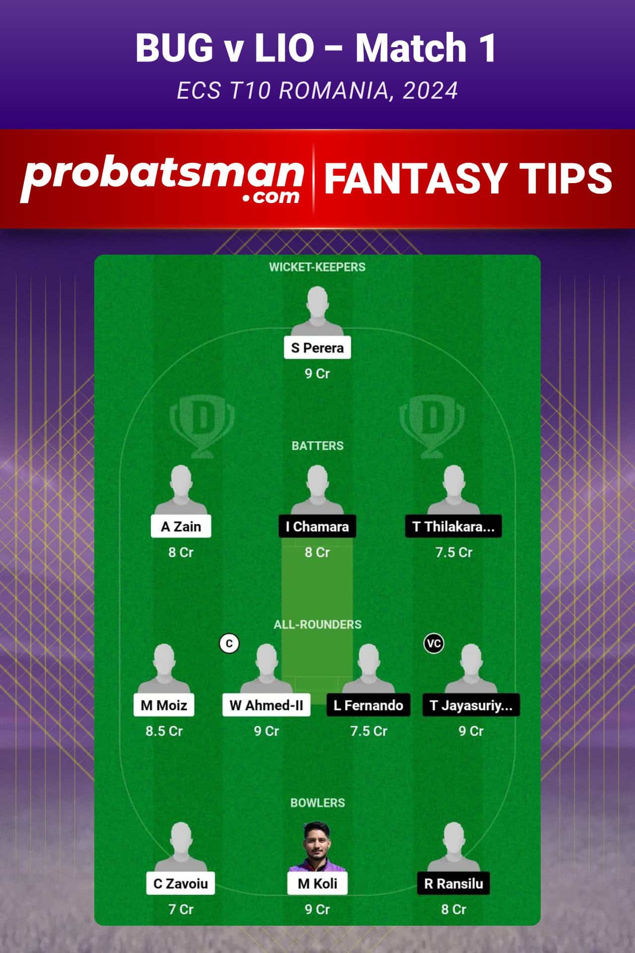 BUG vs LIO Dream11 Prediction For Match 1 of ECS T10 Romania 2024