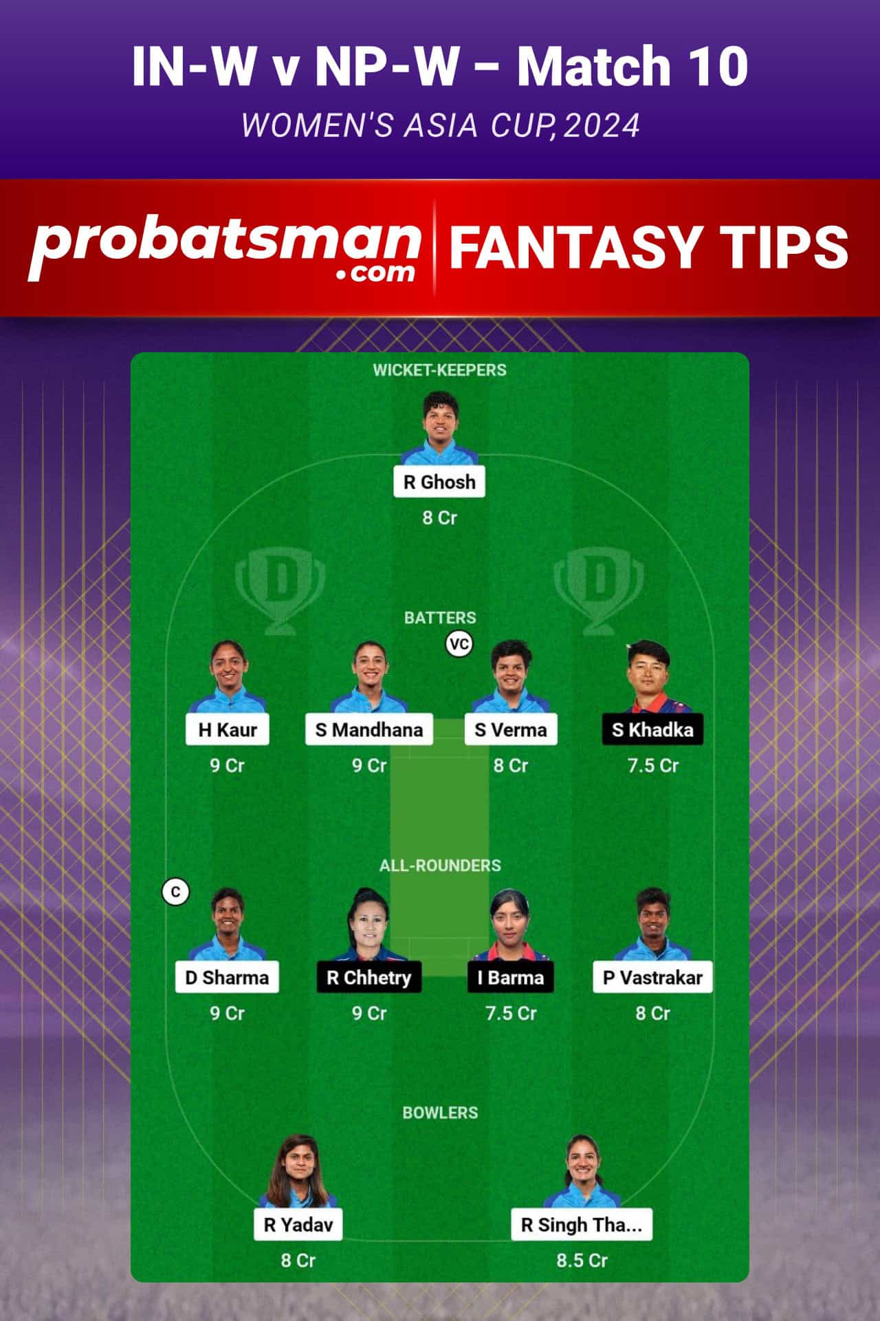 IN-W vs NP-W Dream11 Prediction, Fantasy Cricket Tips, Playing XI, Pitch Report, Player Stats & Injury Updates For Match 10 of Women's Asia Cup 2024