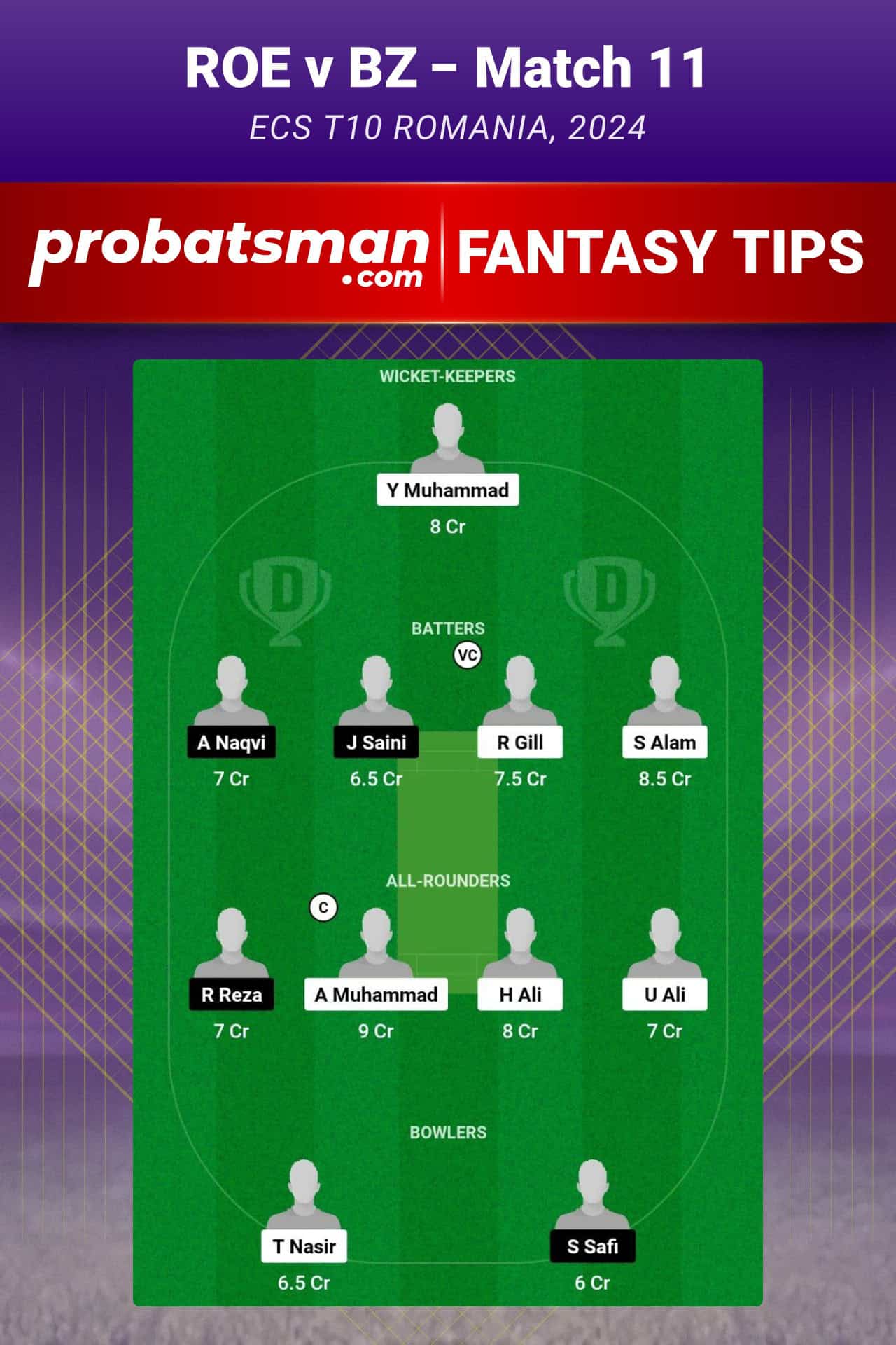 ROE vs BZ Dream11 Prediction For Match 11 of ECS T10 Romania 2024