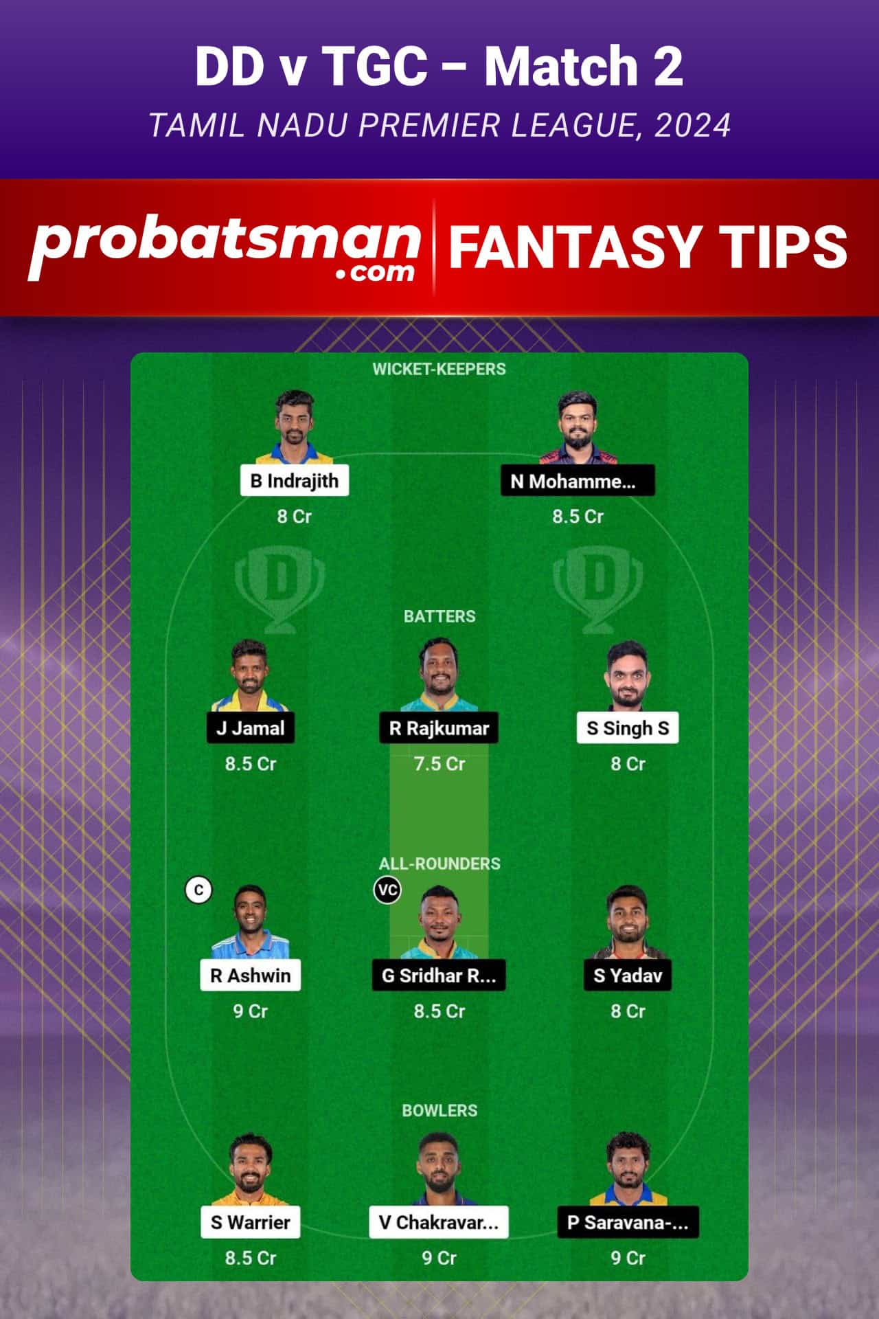 DD vs TGC Dream11 Prediction For Match 2 of TNPL 2024