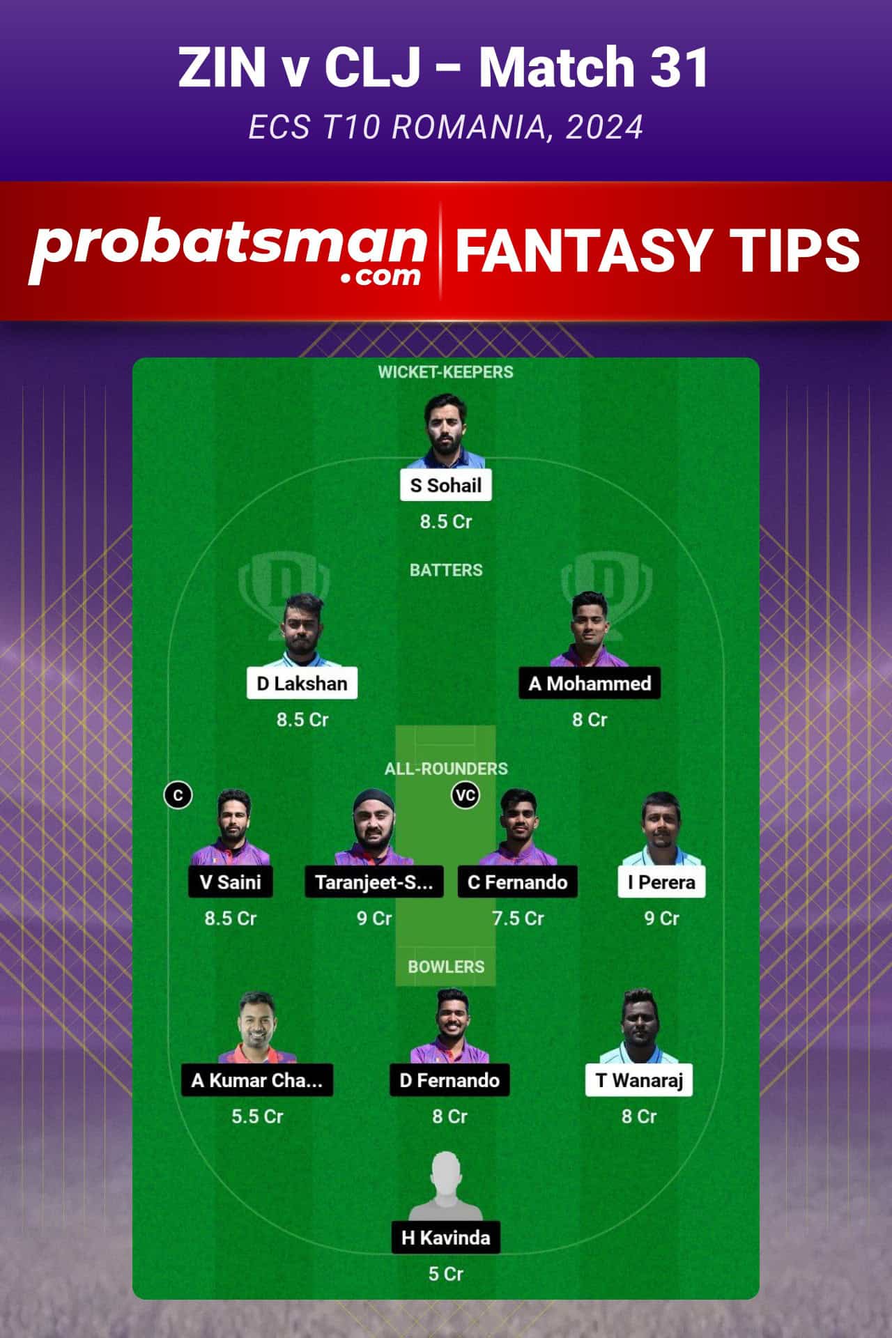 ZIN vs CLJ Dream11 Prediction For Match 31 of ECS T10 Romania 2024
