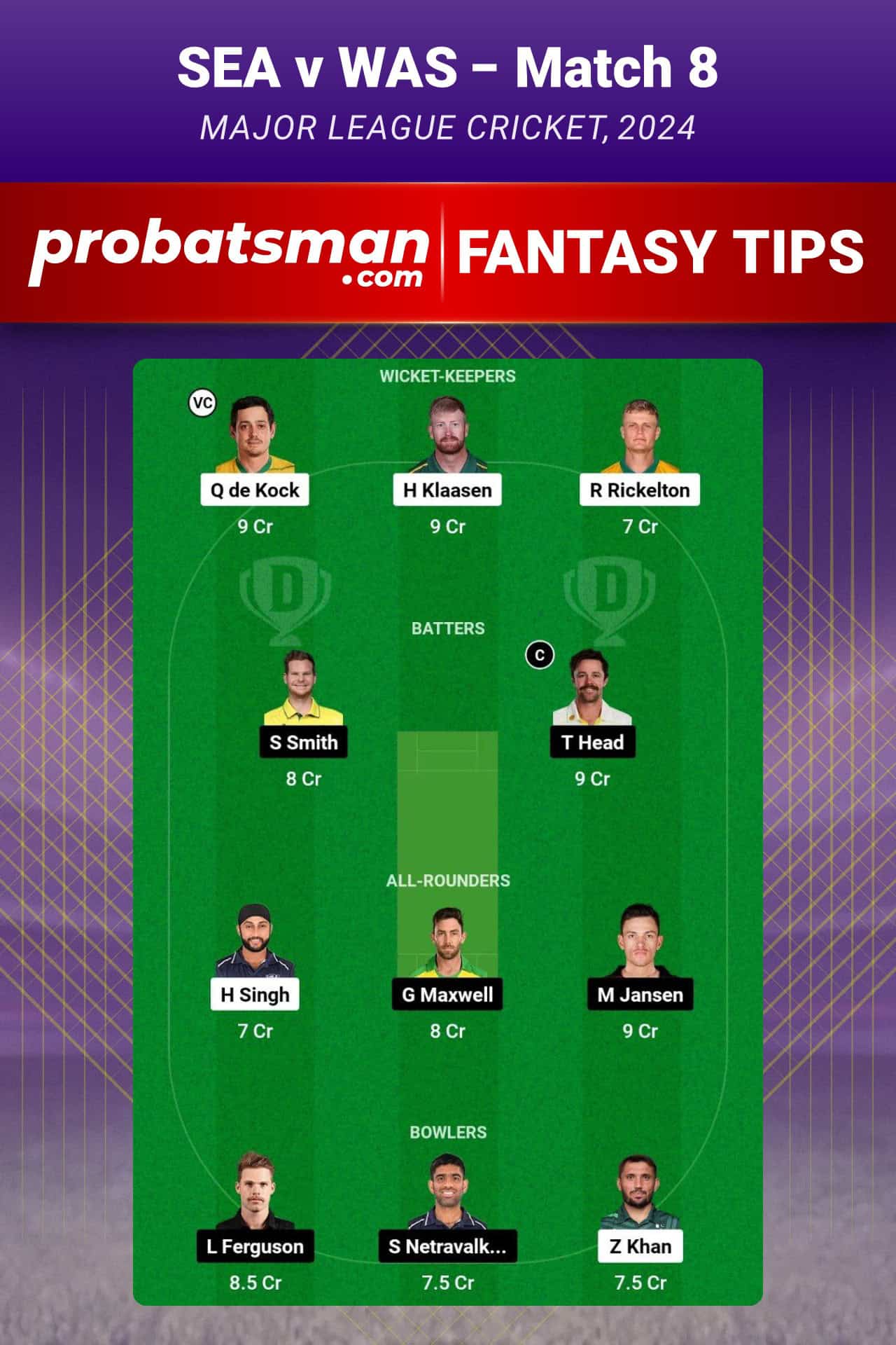 SEA vs WAS Dream11 Prediction For Match 8 of Major League Cricket 2024