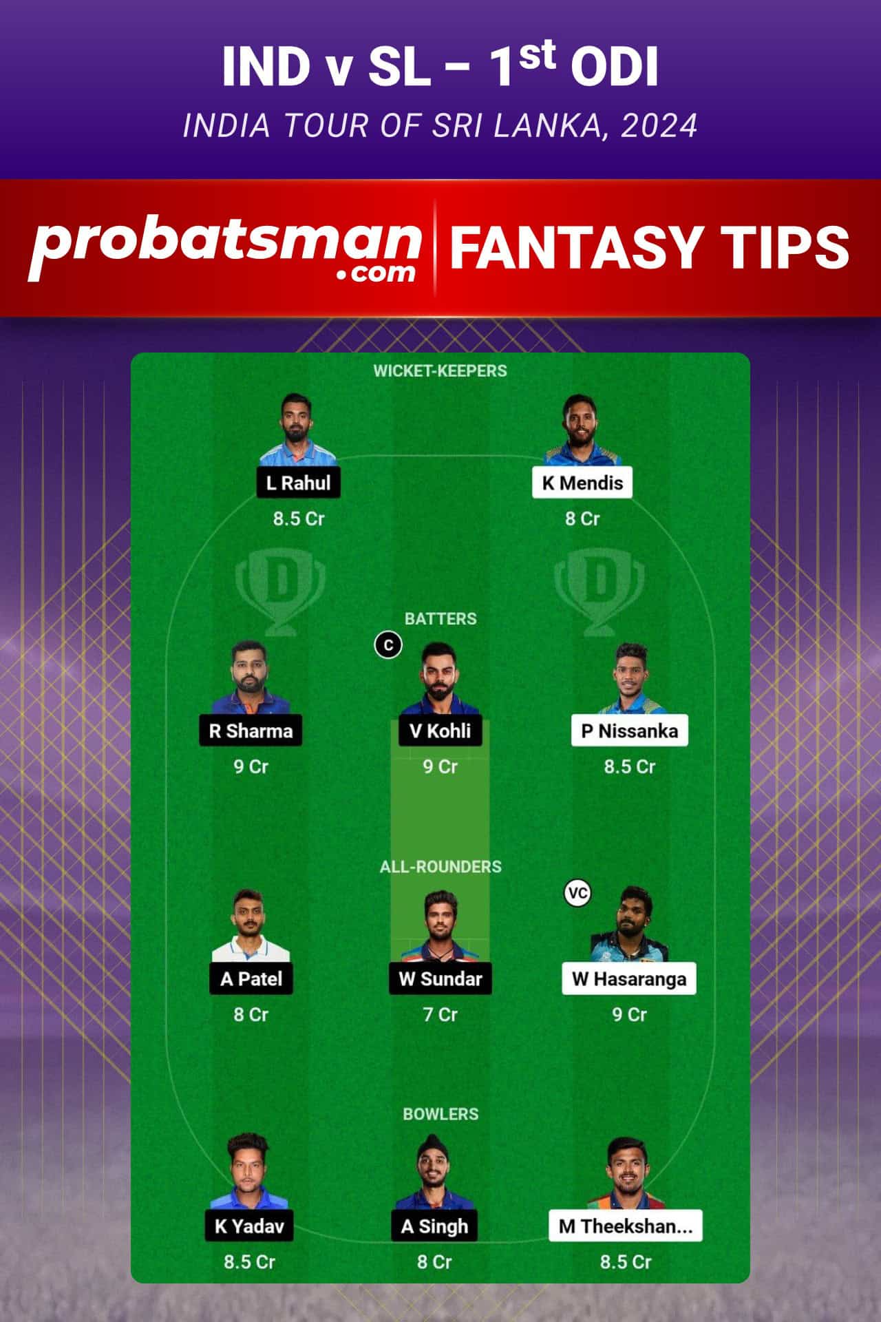 IND vs SL Dream11 Prediction For 1st ODI of India tour of Sri Lanka 2024