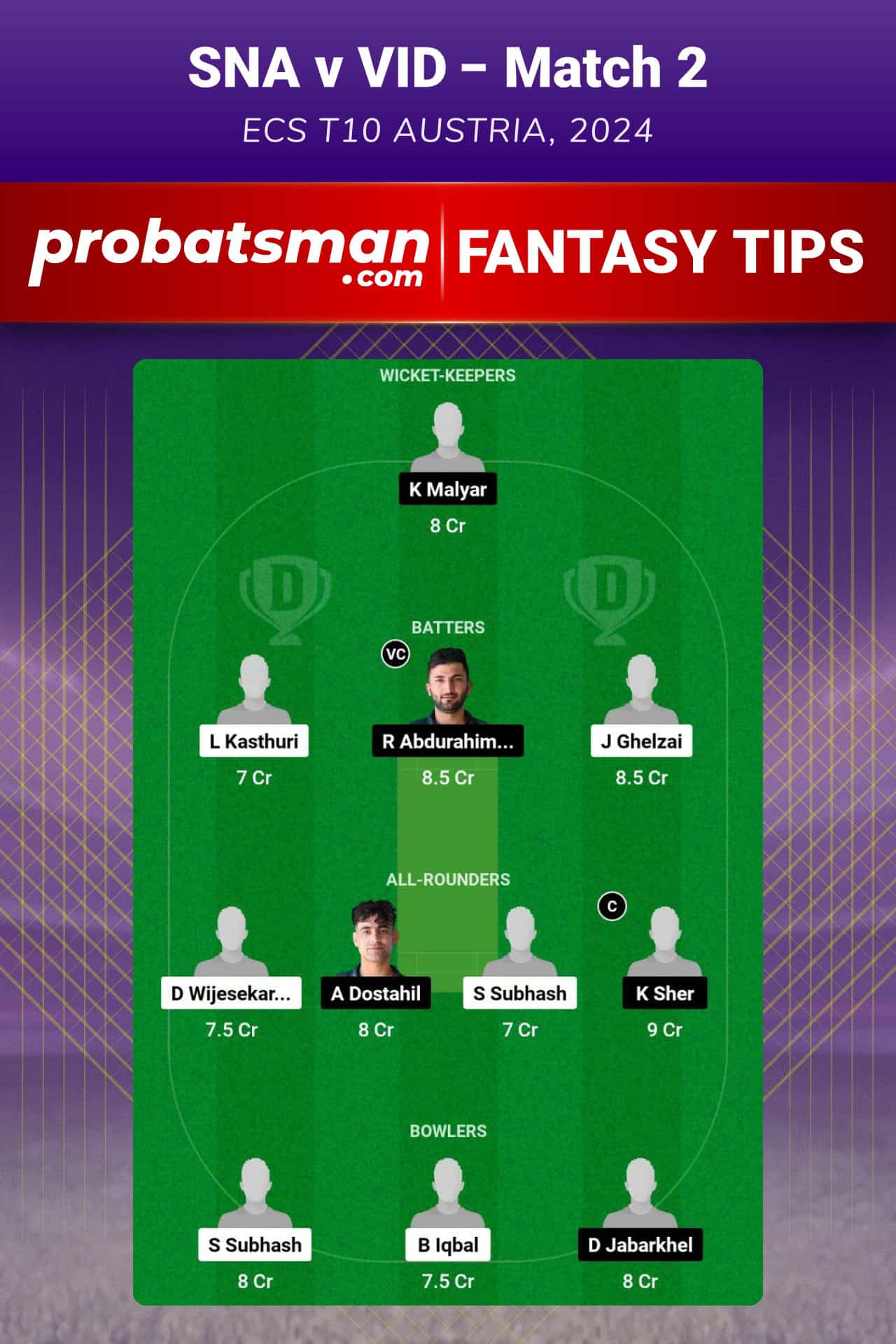 SNA vs VID Dream11 Prediction For Match 2 of ECS T10 Austria 2024