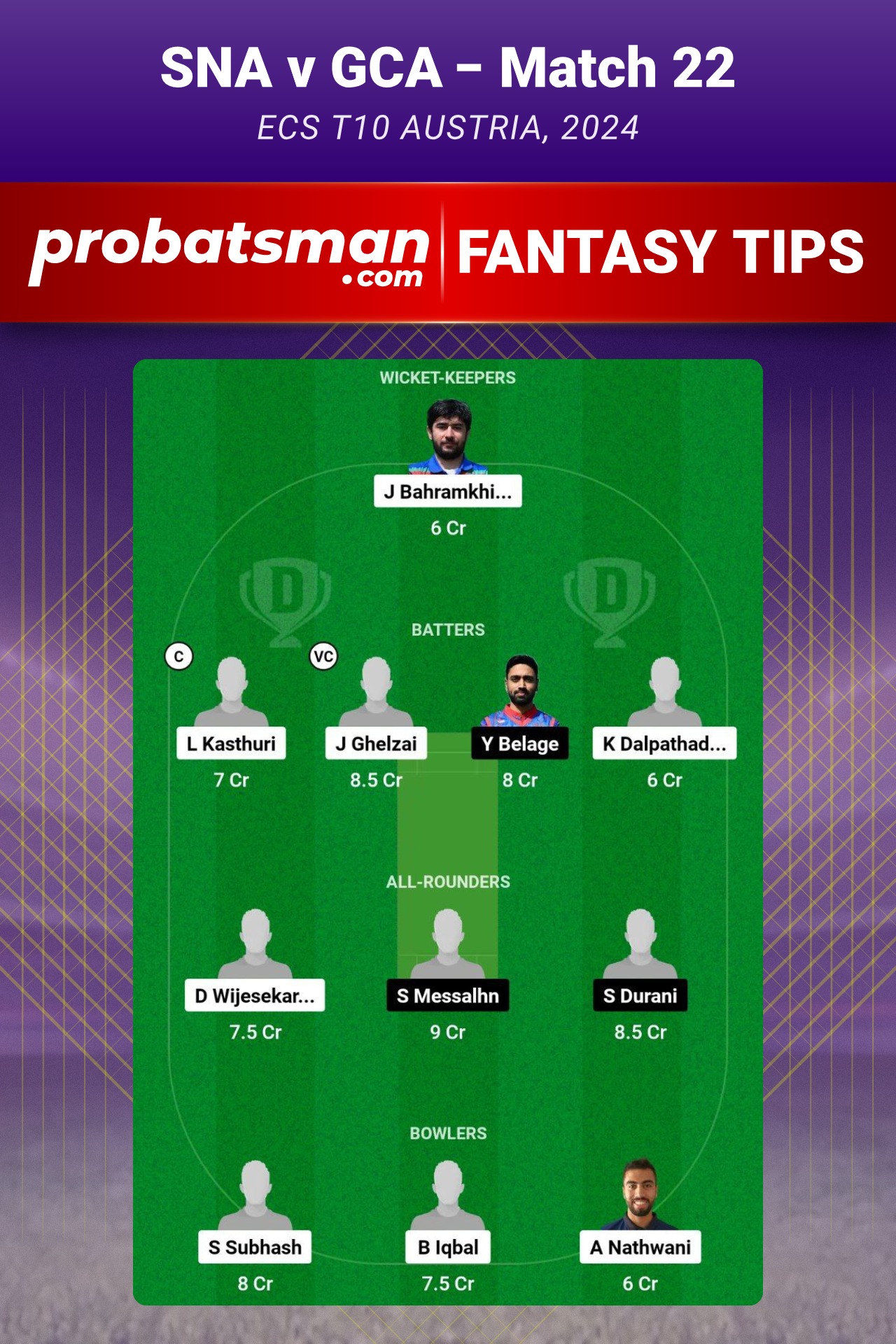 SNA vs GCA Dream11 Prediction For Match 22 of ECS T10 Austria 2024