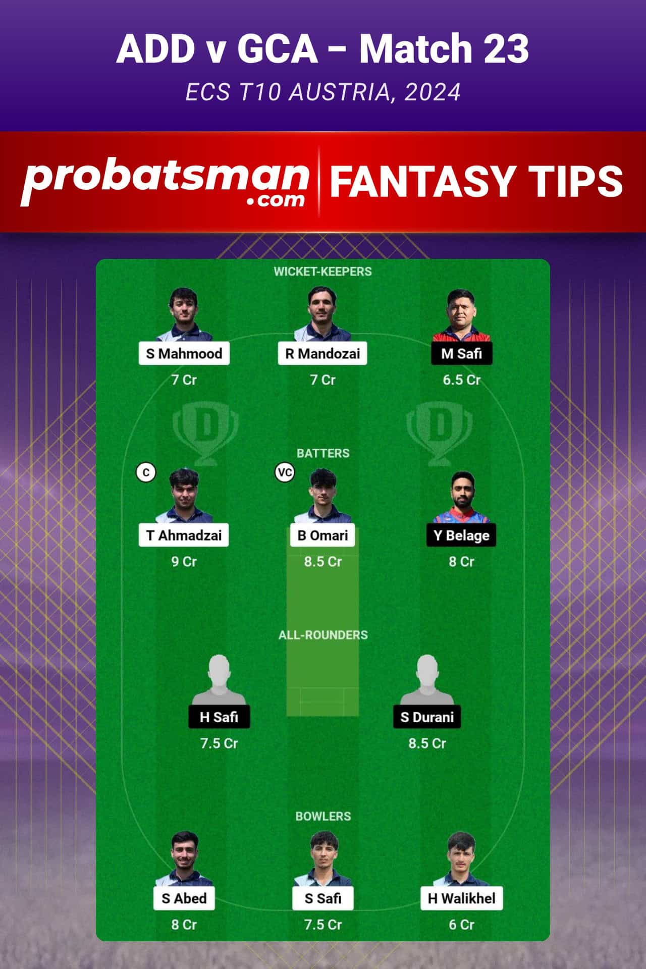ADD vs GCA Dream11 Prediction For Match 23 of ECS T10 Austria 2024