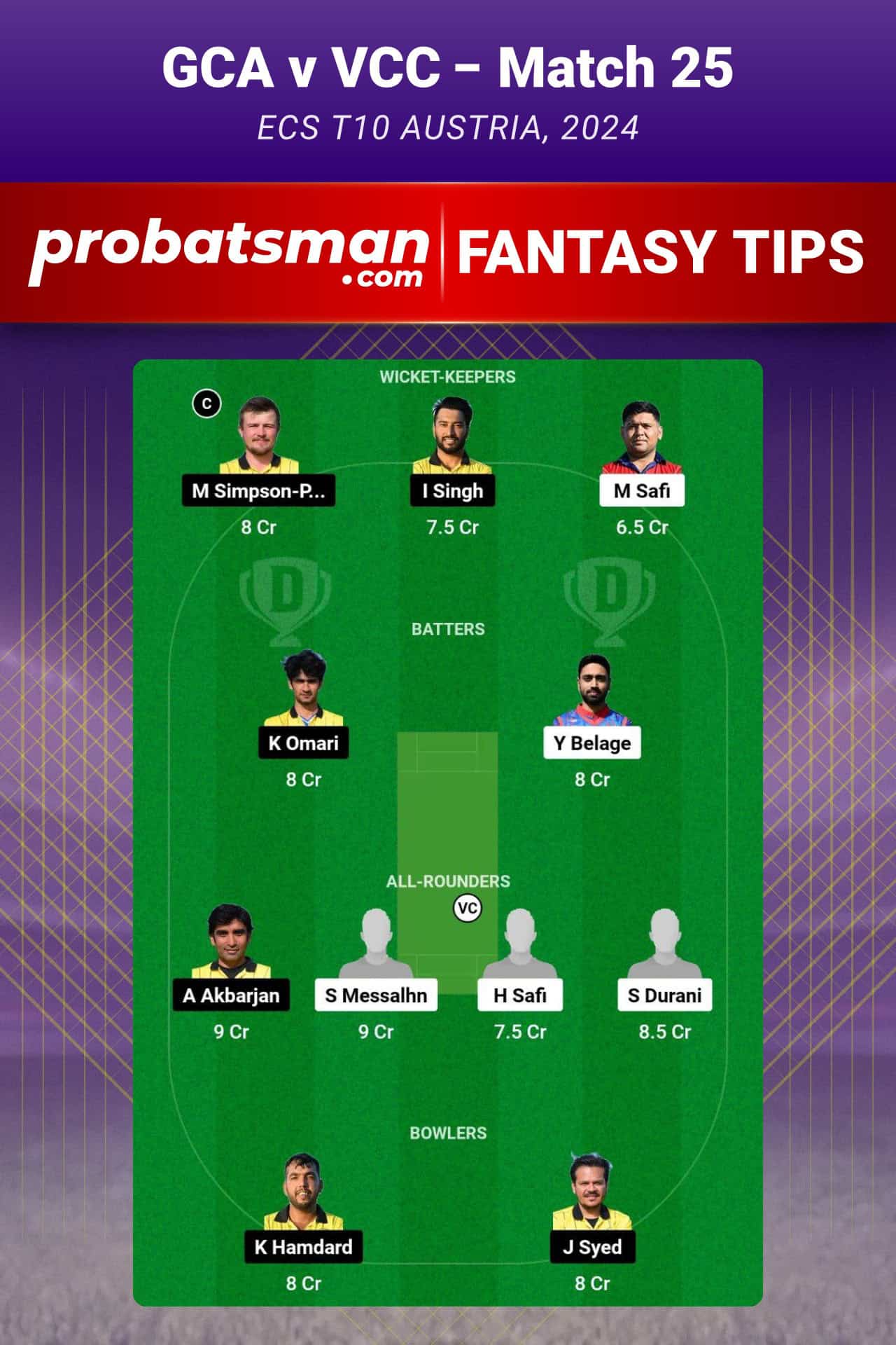 GCA vs VCC Dream11 Prediction For Match 25 of ECS T10 Austria 2024