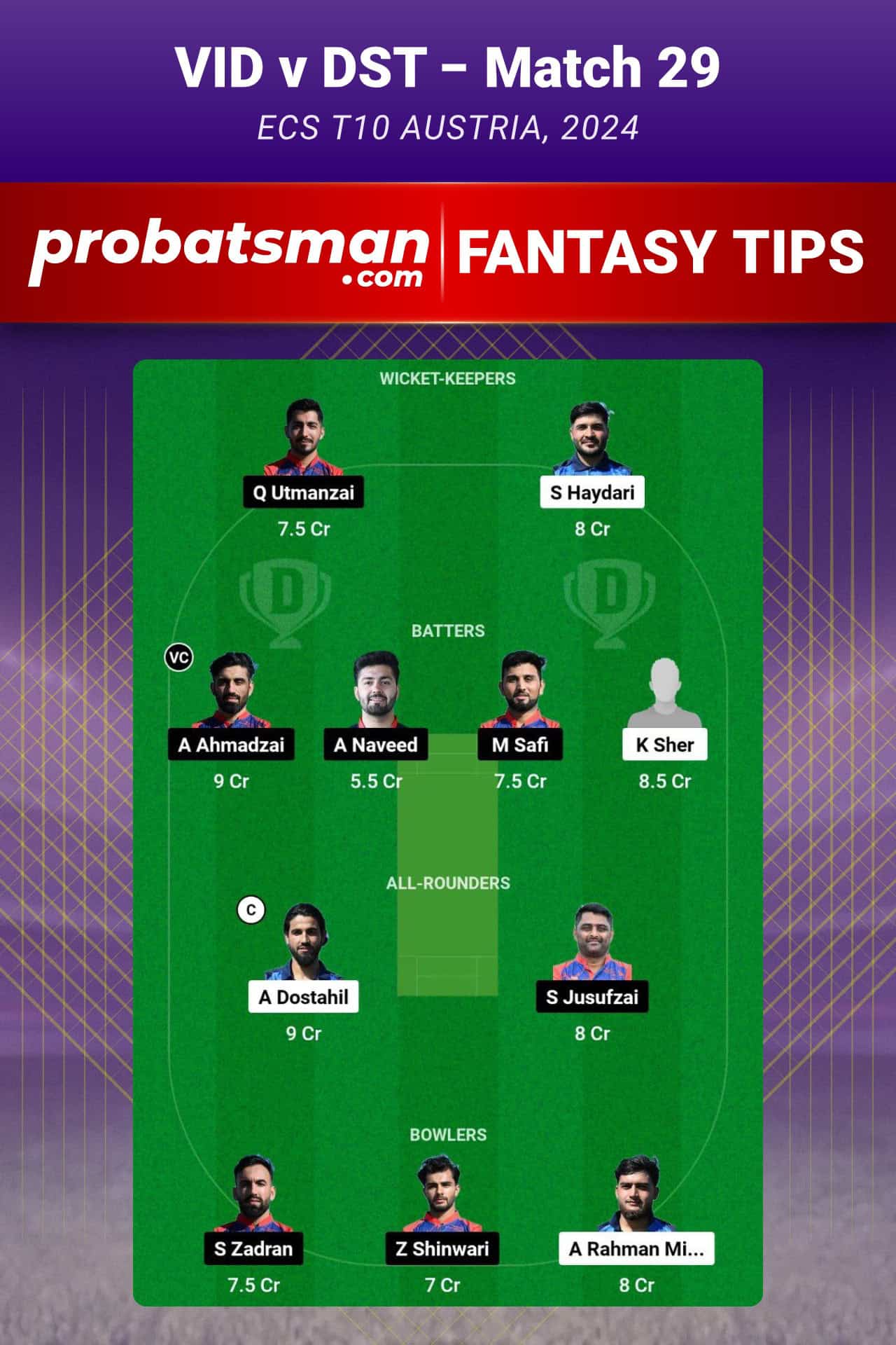 VID vs DST Dream11 Prediction For Match 29 of ECS T10 Austria 2024