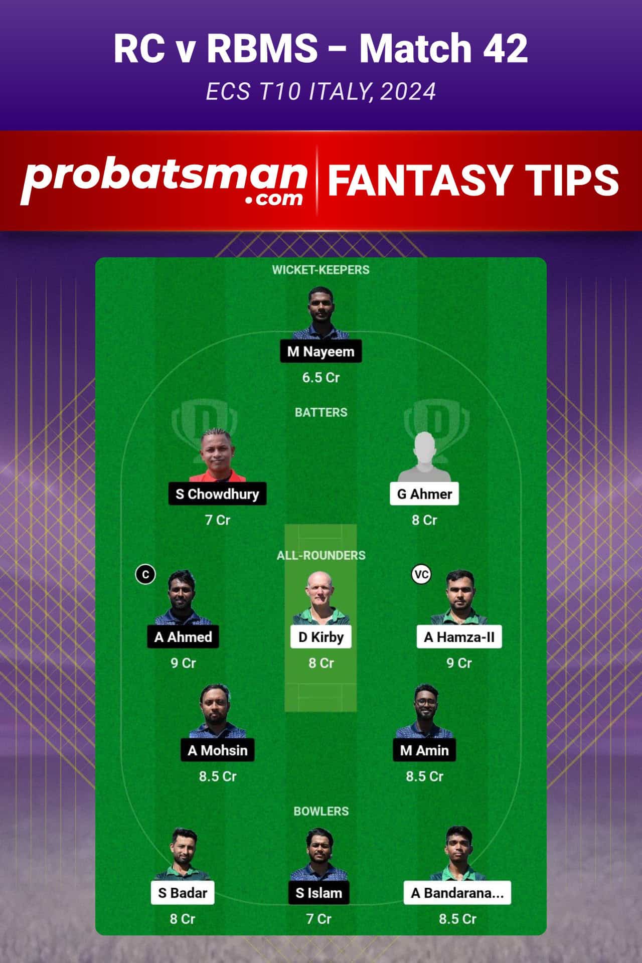 RC vs RBMS Dream11 Prediction For Match 42 of ECS T10 Italy 2024
