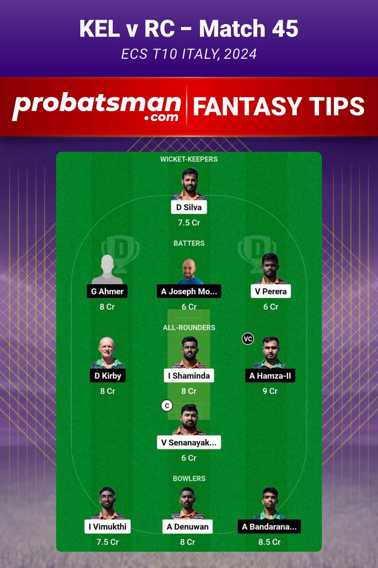 KEL vs RC Dream11 Prediction For Match 45 of ECS T10 Italy 2024