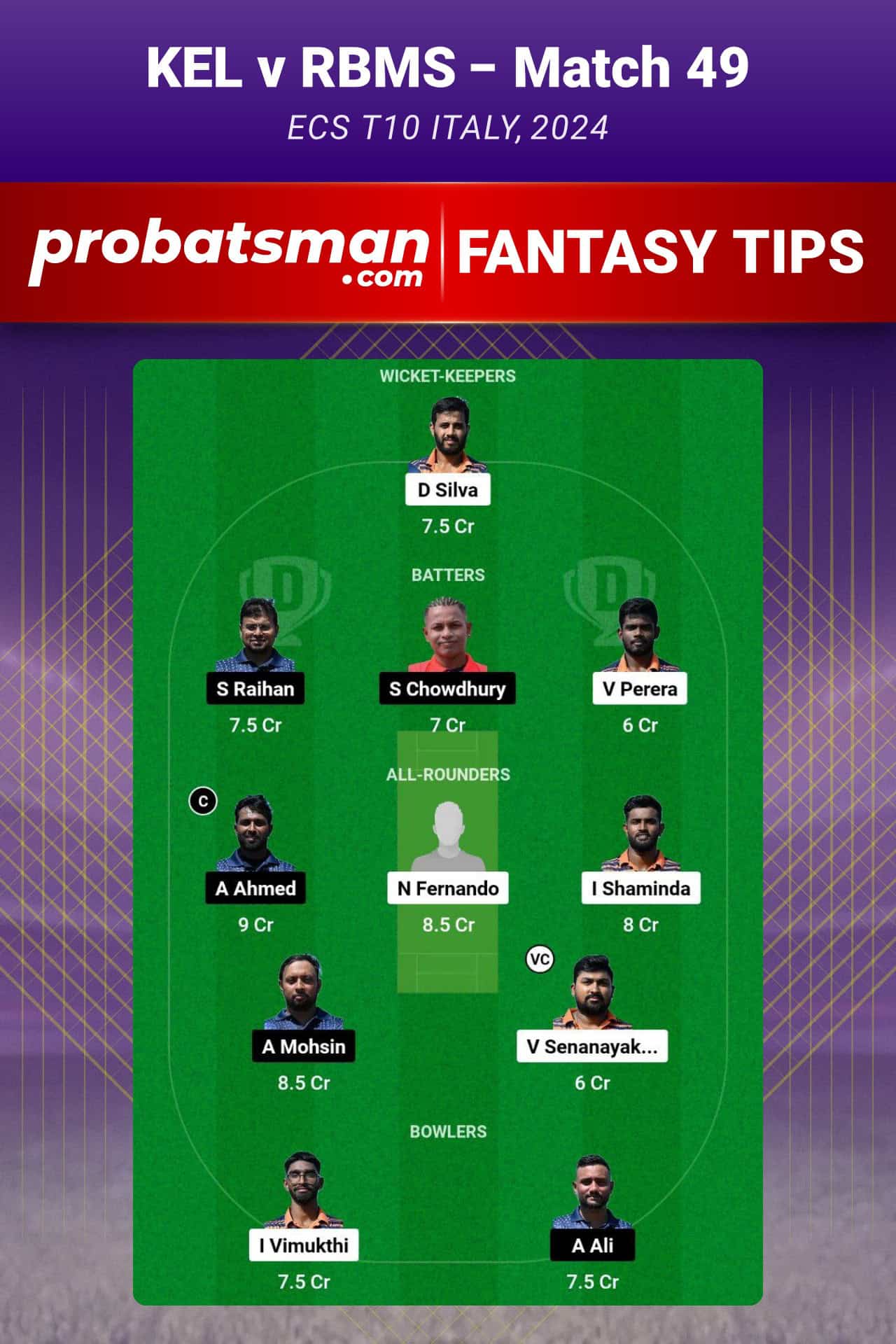 KEL vs RBMS Dream11 Prediction For Match 49 of ECS T10 Italy 2024