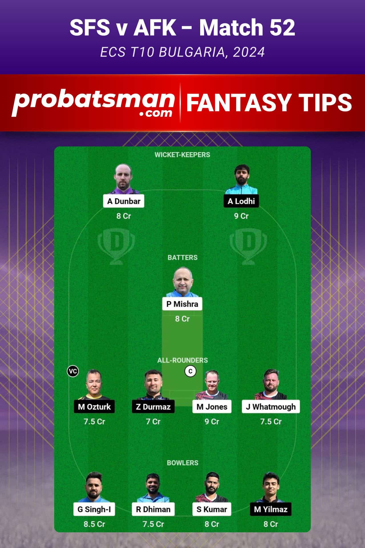 SFS vs AFK Dream11 Prediction For Match 52 of ECS T10 Bulgaria 2024