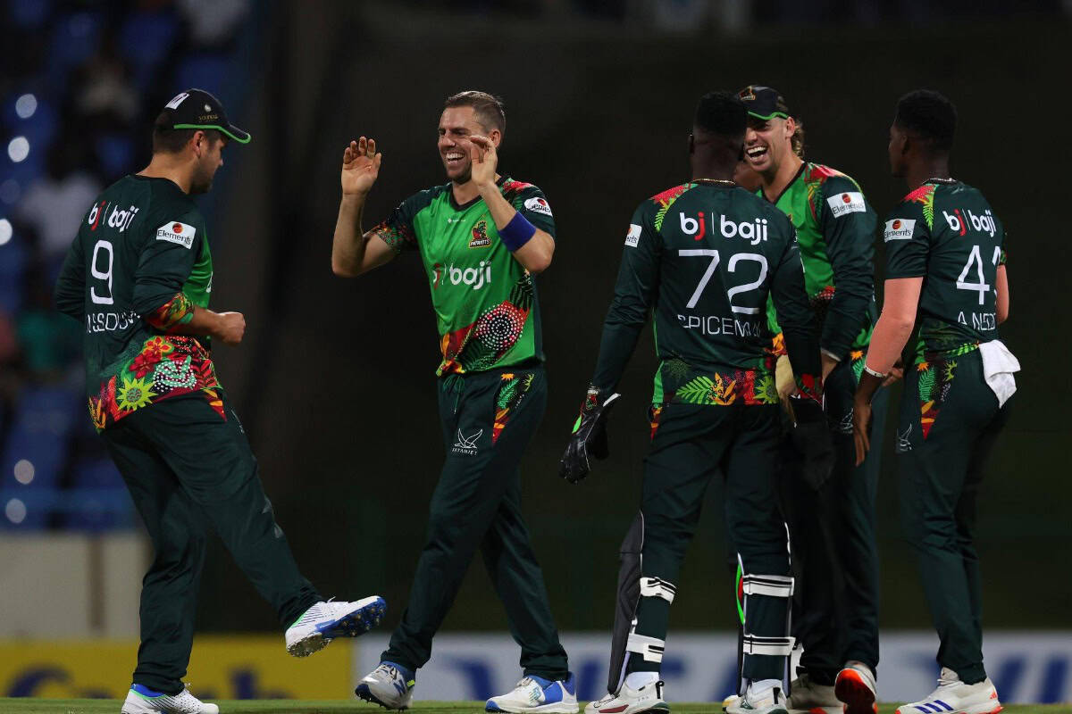 Anrich Nortje of St Kitts and Nevis Patriots celebrating with teammates