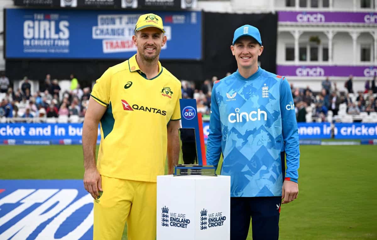 England captain Harry Brook and Australia captain Mitchell Marsh poses alongside the trophy