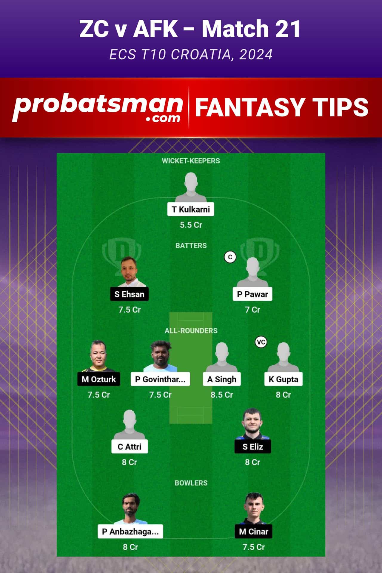 ZC vs AFK Dream11 Prediction For Match 21 of ECS T10 Croatia 2024