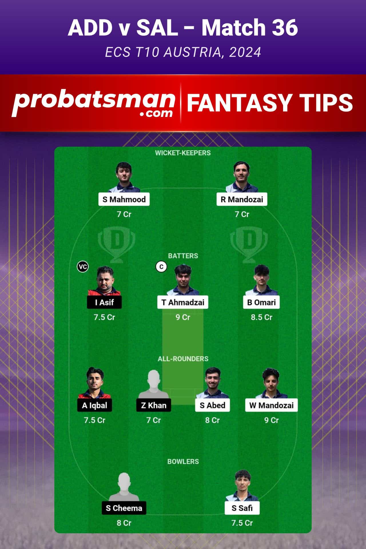 ADD vs SAL Dream11 Prediction For Match 36 of ECS T10 Austria 2024