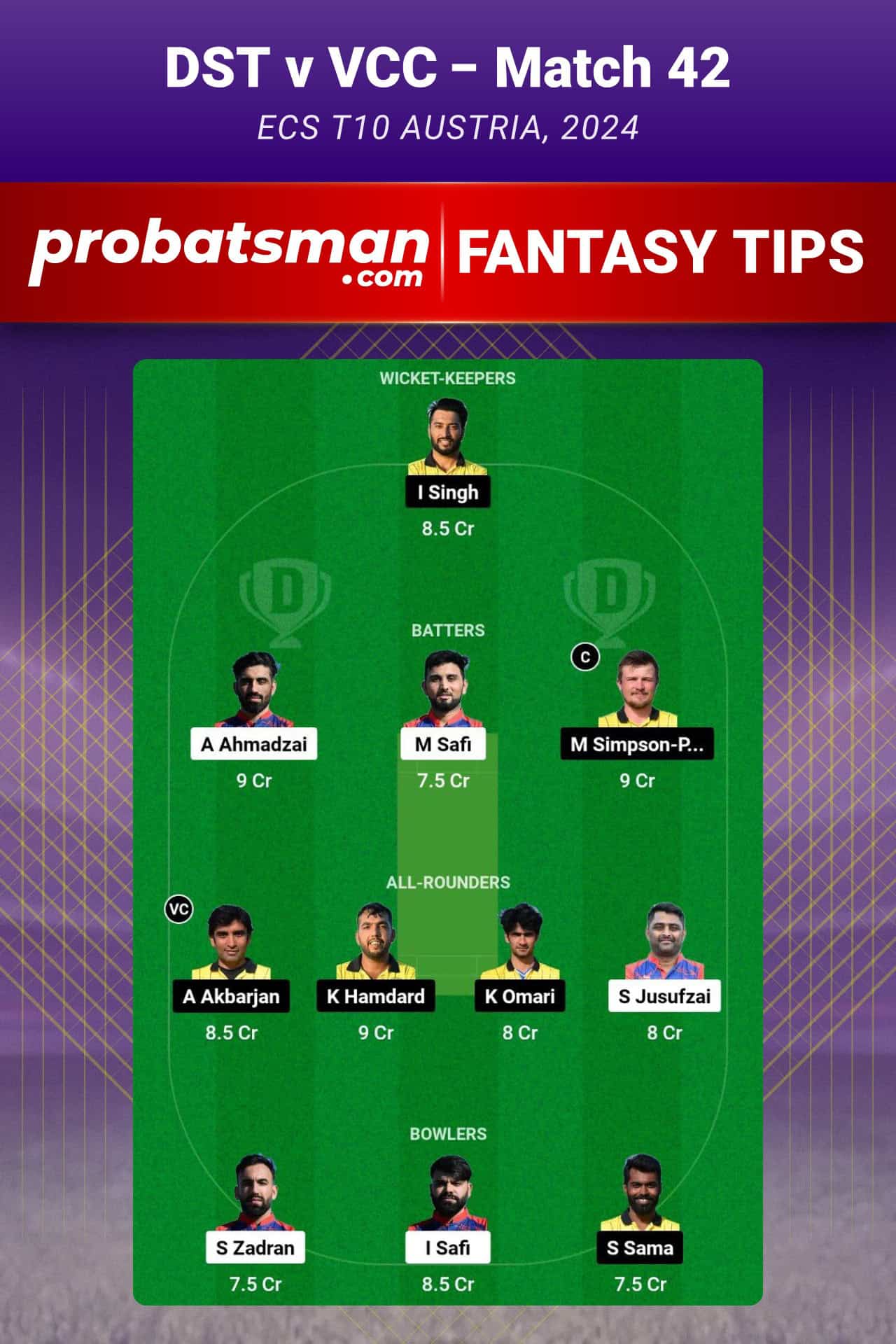 DST vs VCC Dream11 Prediction For Match 42 of ECS T10 Austria 2024