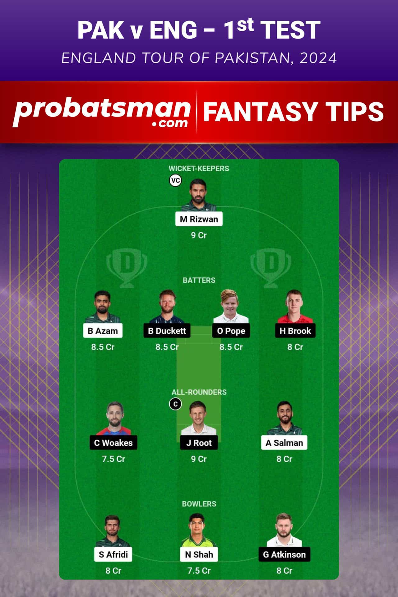 PAK vs ENG Dream11 Prediction For 1st Test of England tour of Pakistan 2024