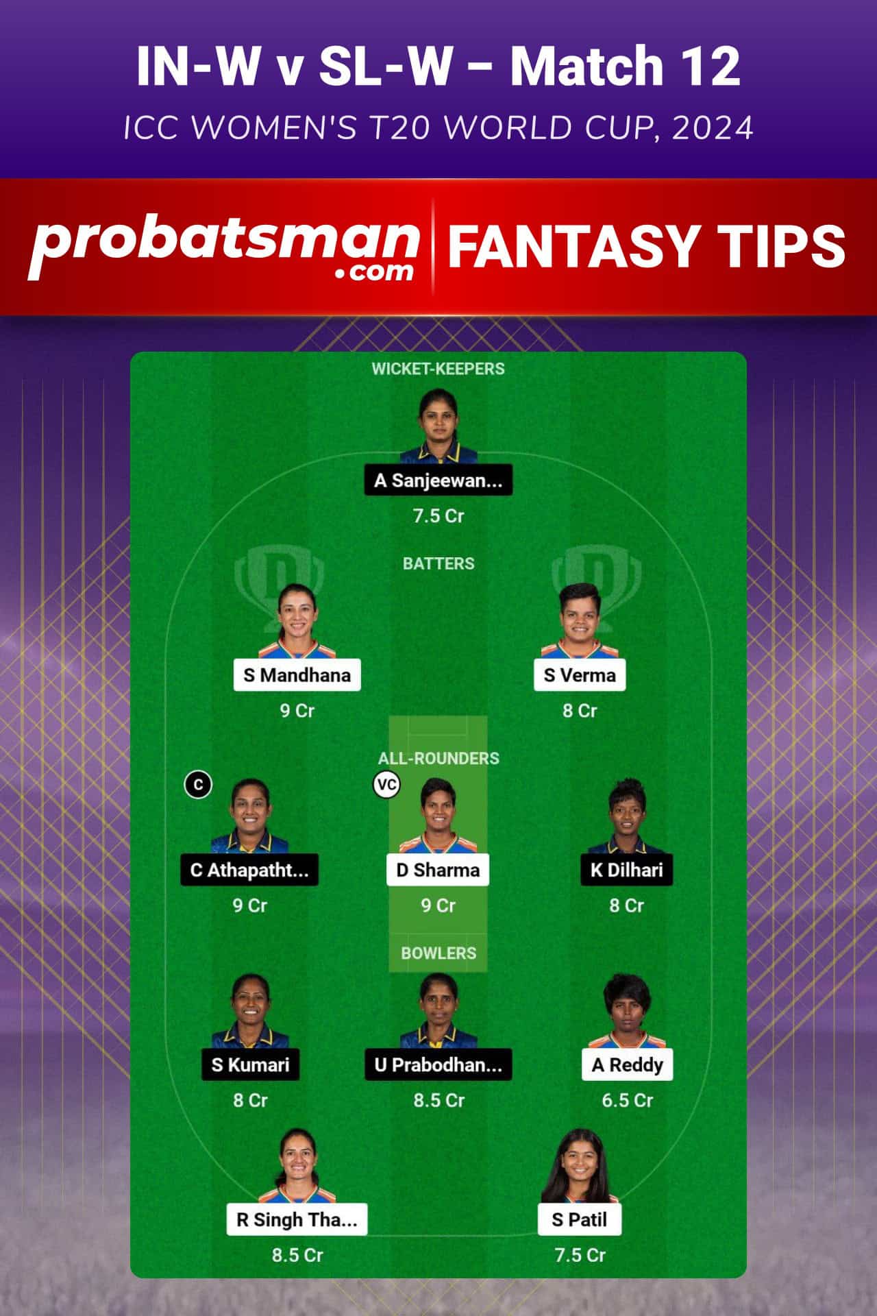 IN-W vs SL-W Dream11 Prediction For Match 12 of ICC Women's T20 World Cup 2024