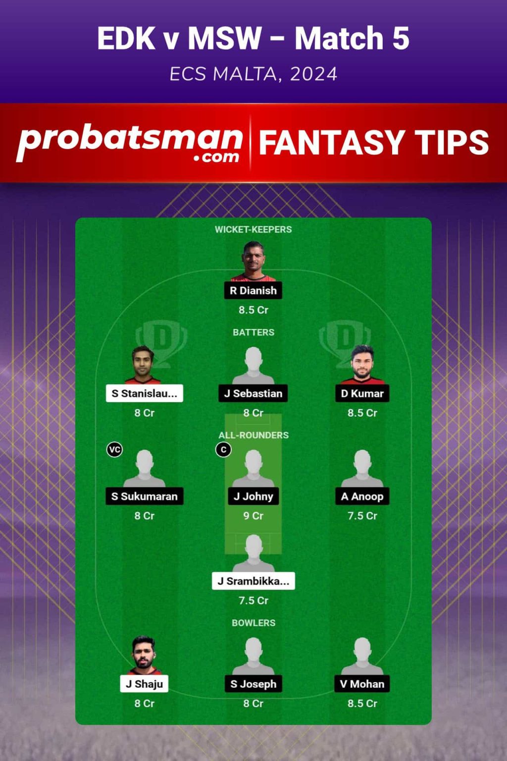 EDK vs MSW Dream11 Prediction, Fantasy Cricket Tips, Playing XI, Pitch