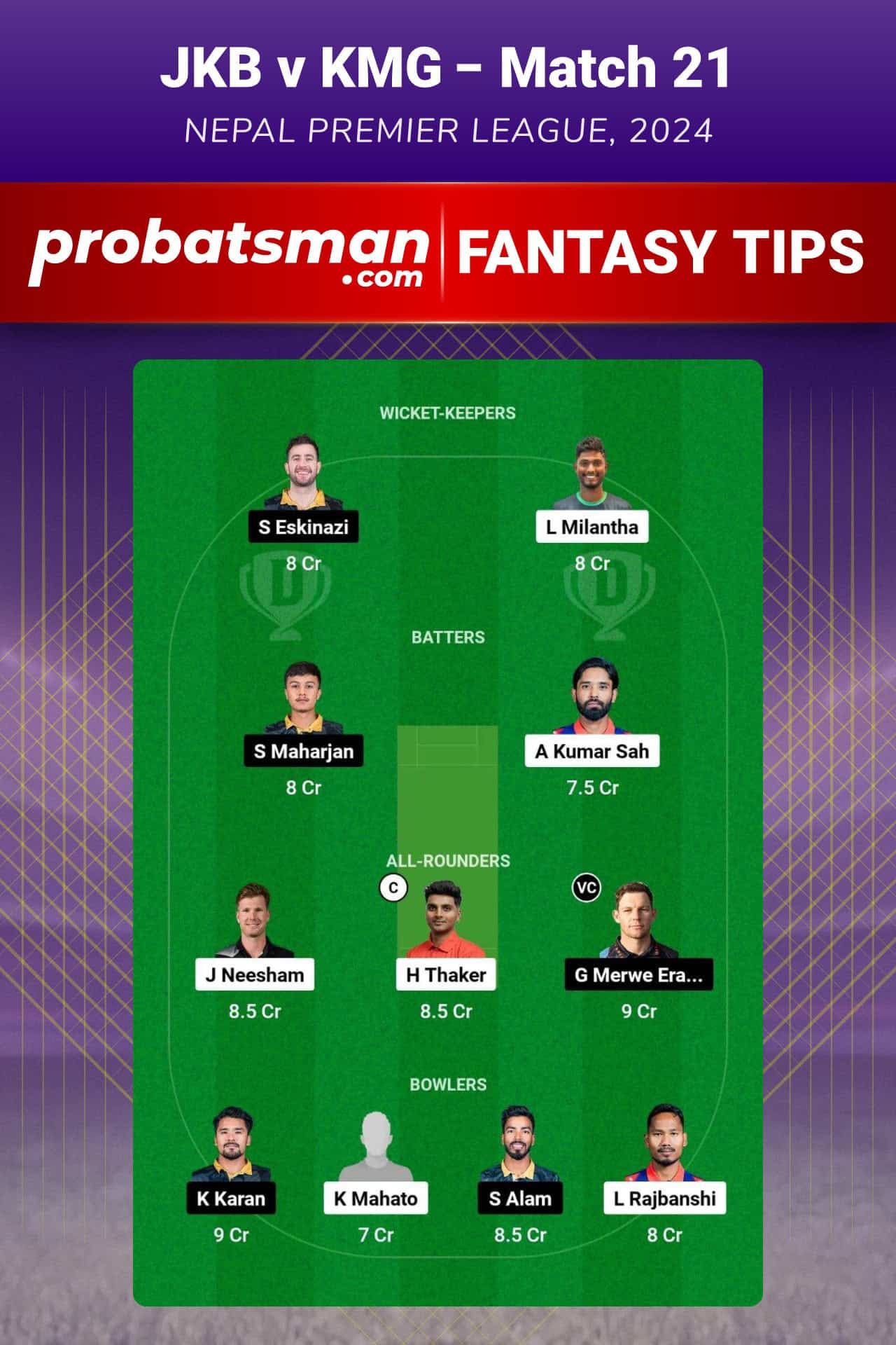 JKB vs KMG Dream11 Prediction For Match 21 of Nepal Premier League 2024
