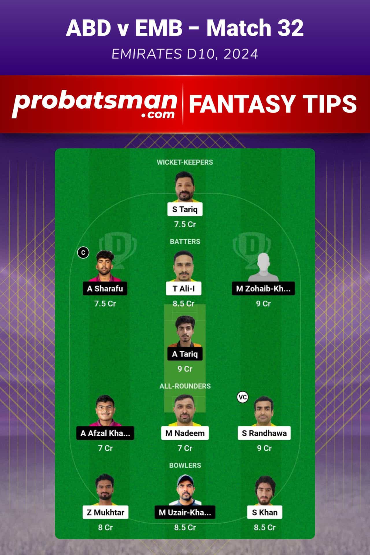 ABD vs EMB Dream11 Prediction For Match 32 of Emirates D10 2024
