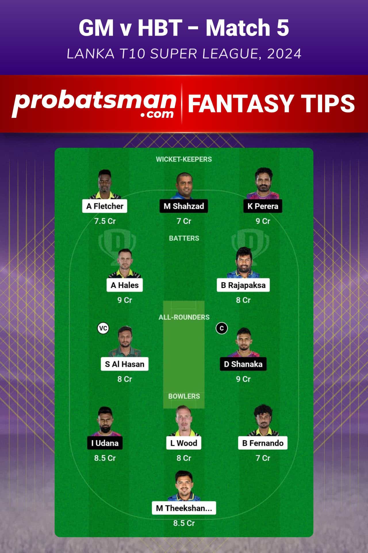 GM vs HBT Dream11 Prediction For Match 5 of Lanka T10 Super League 2024