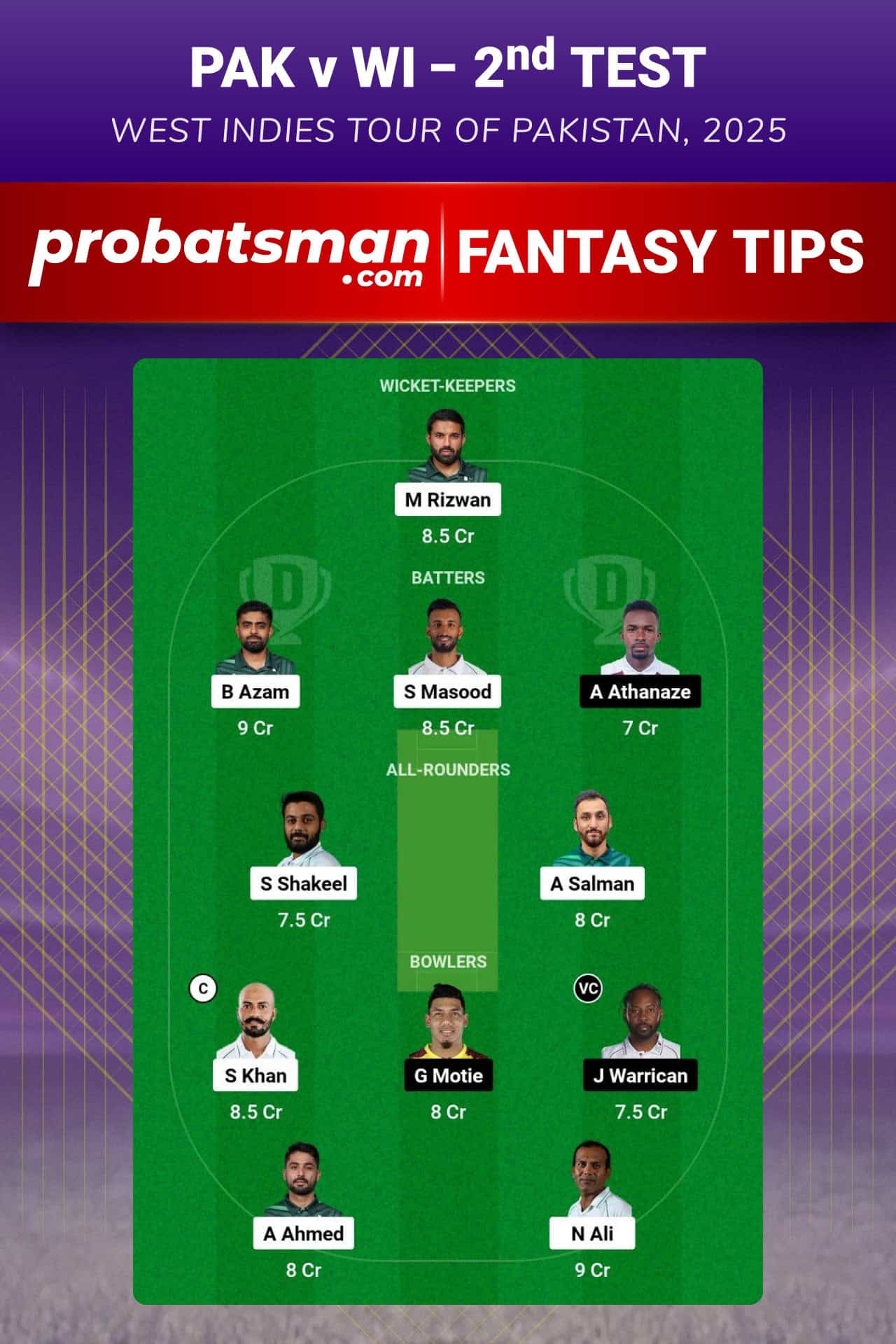 PAK vs WI Dream11 Prediction For 2nd Test of West Indies tour of Pakistan 2025
