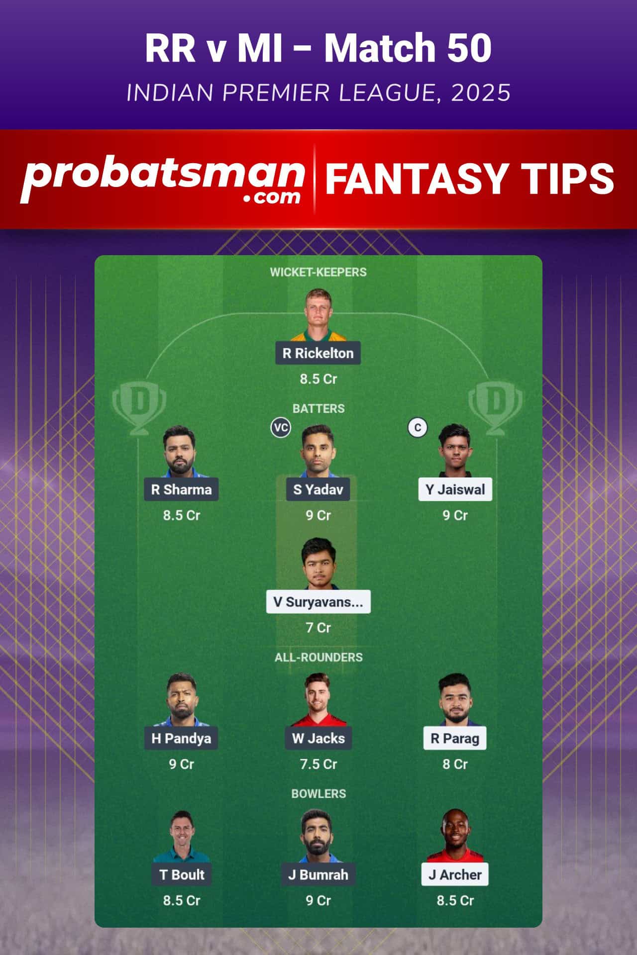 RR vs MI Dream11 Prediction For 50th Match of IPL 2025